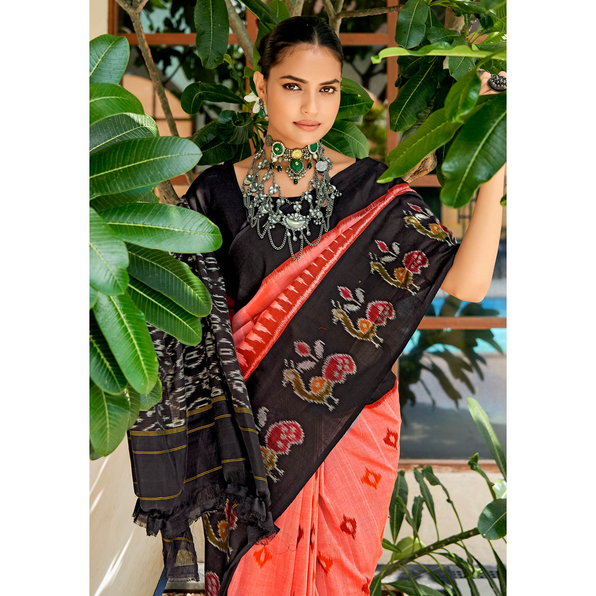 Peach & Black Ikkat Printed Mulmul Cotton Saree