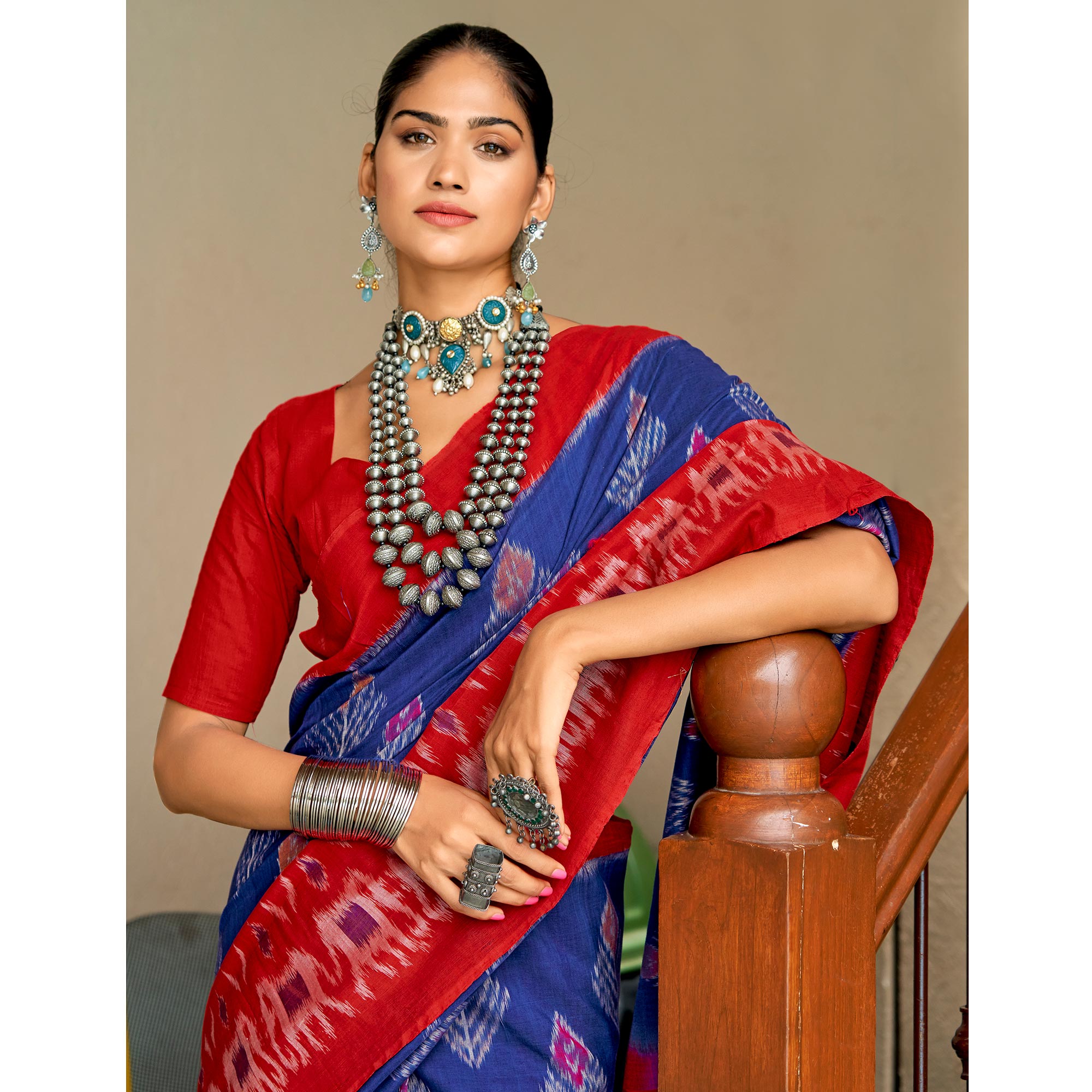 Blue & Red Ikkat Printed Mulmul Cotton Saree