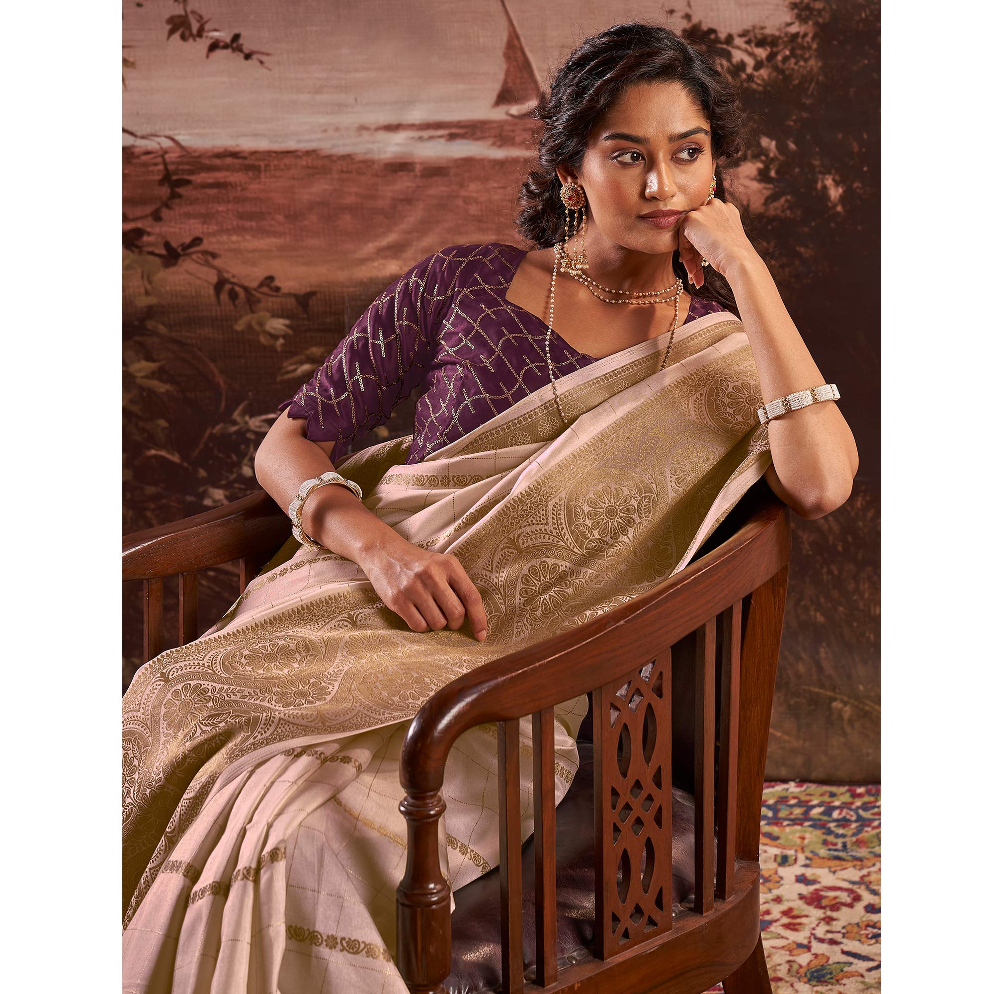 Beige Woven Cotton Silk Saree