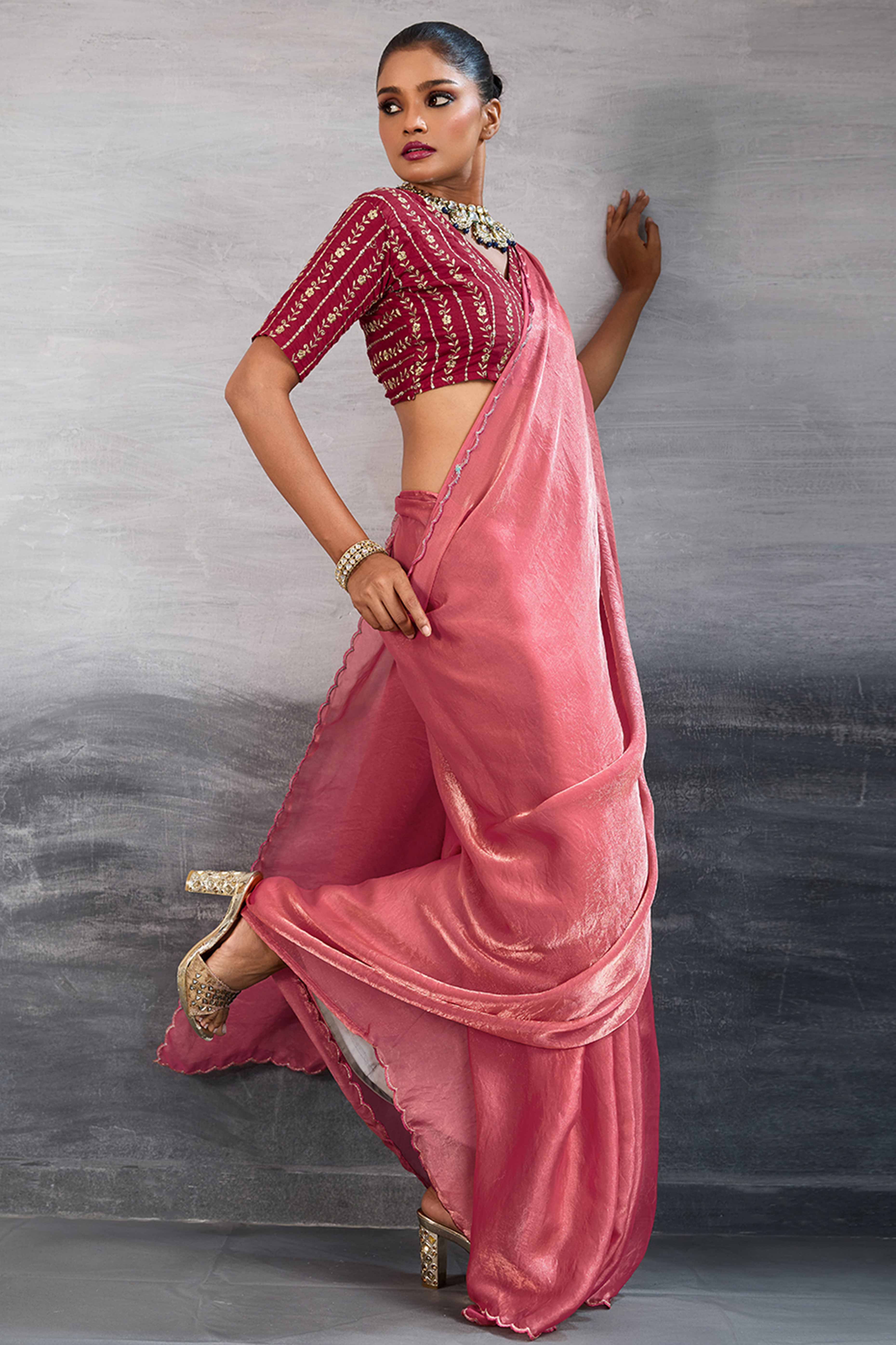 Coral Pink Solid Organza Jimmy Choo Saree Accentuated With Elegant Cutwork Border Detailing