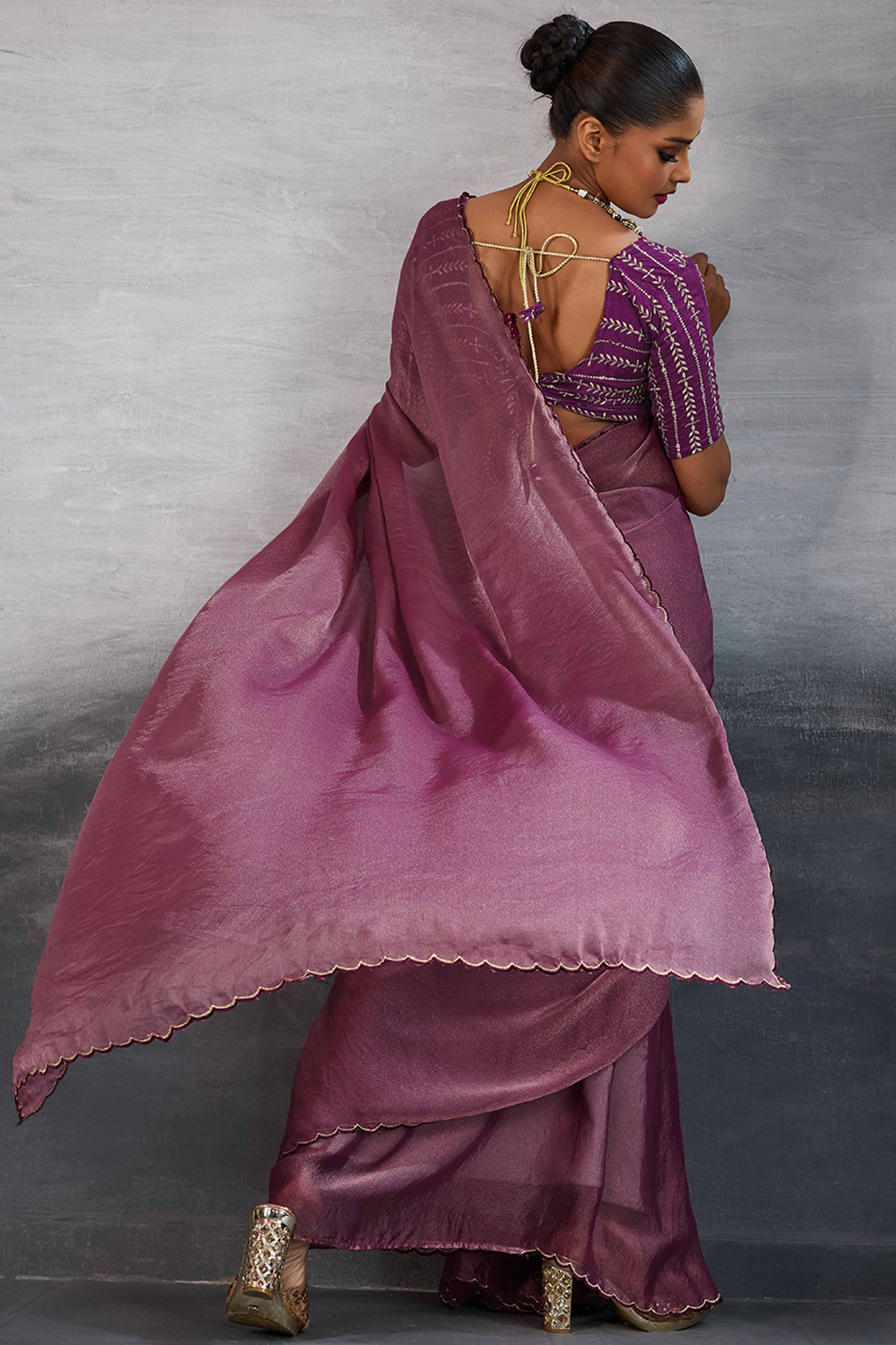 Wine Solid Organza Jimmy Choo Saree Accentuated With Elegant Cutwork Border Detailing