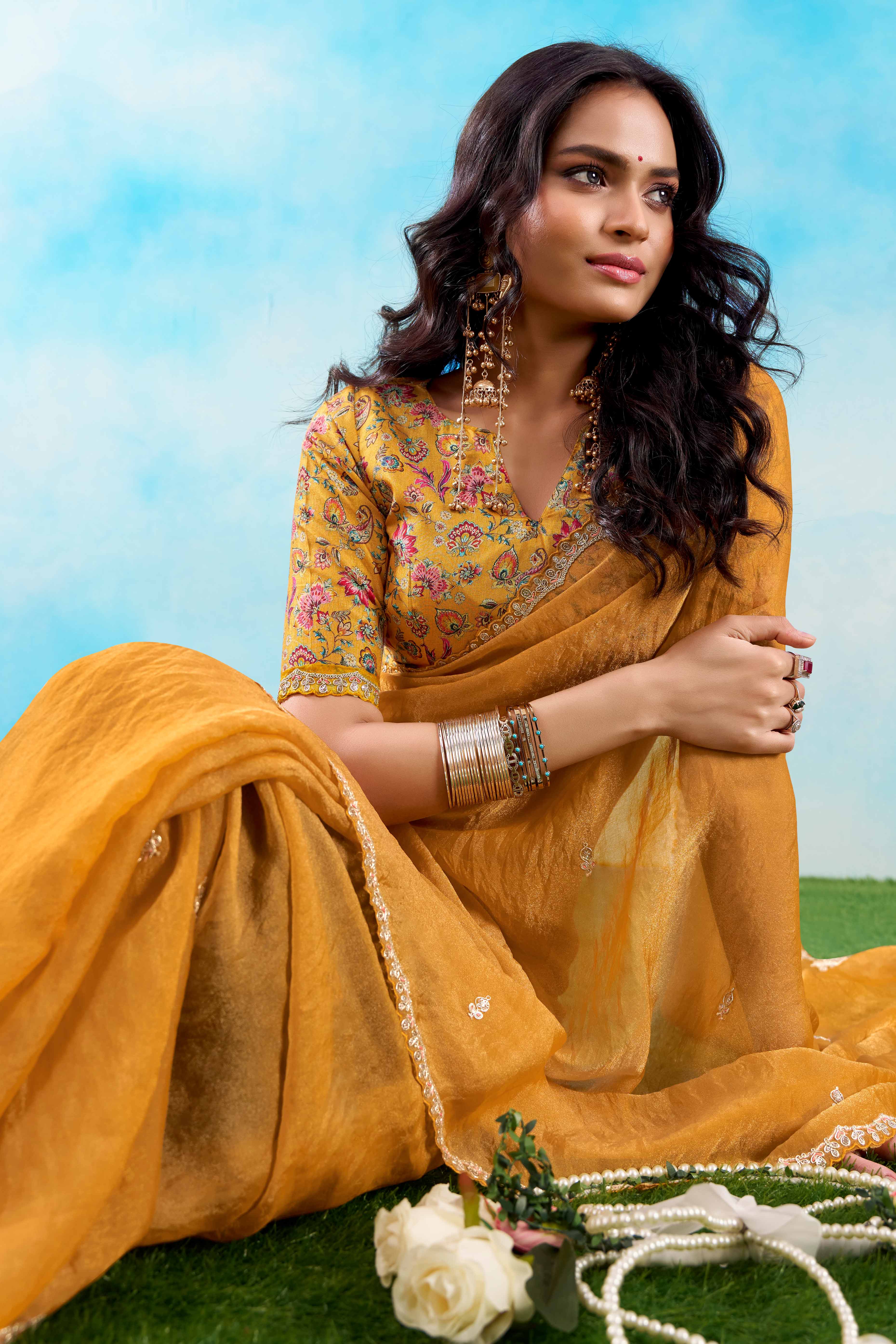 Luxurious Mustard Chiffon Saree Showcasing Floral Sequins Embroidery In A Two Tone Finish