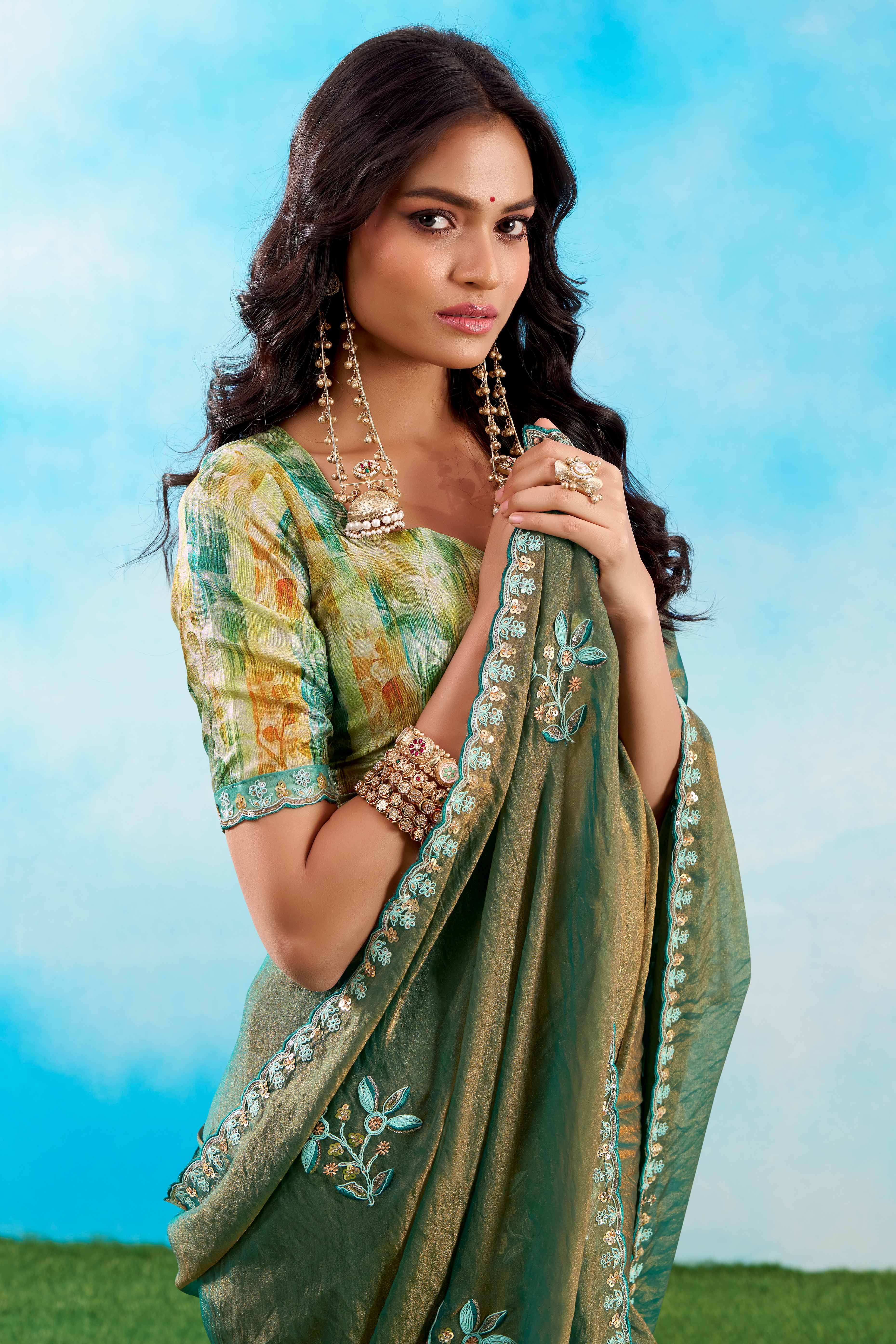 Luxurious Olive Green Chiffon Saree Showcasing Floral Sequins Embroidery In A Two Tone Finish
