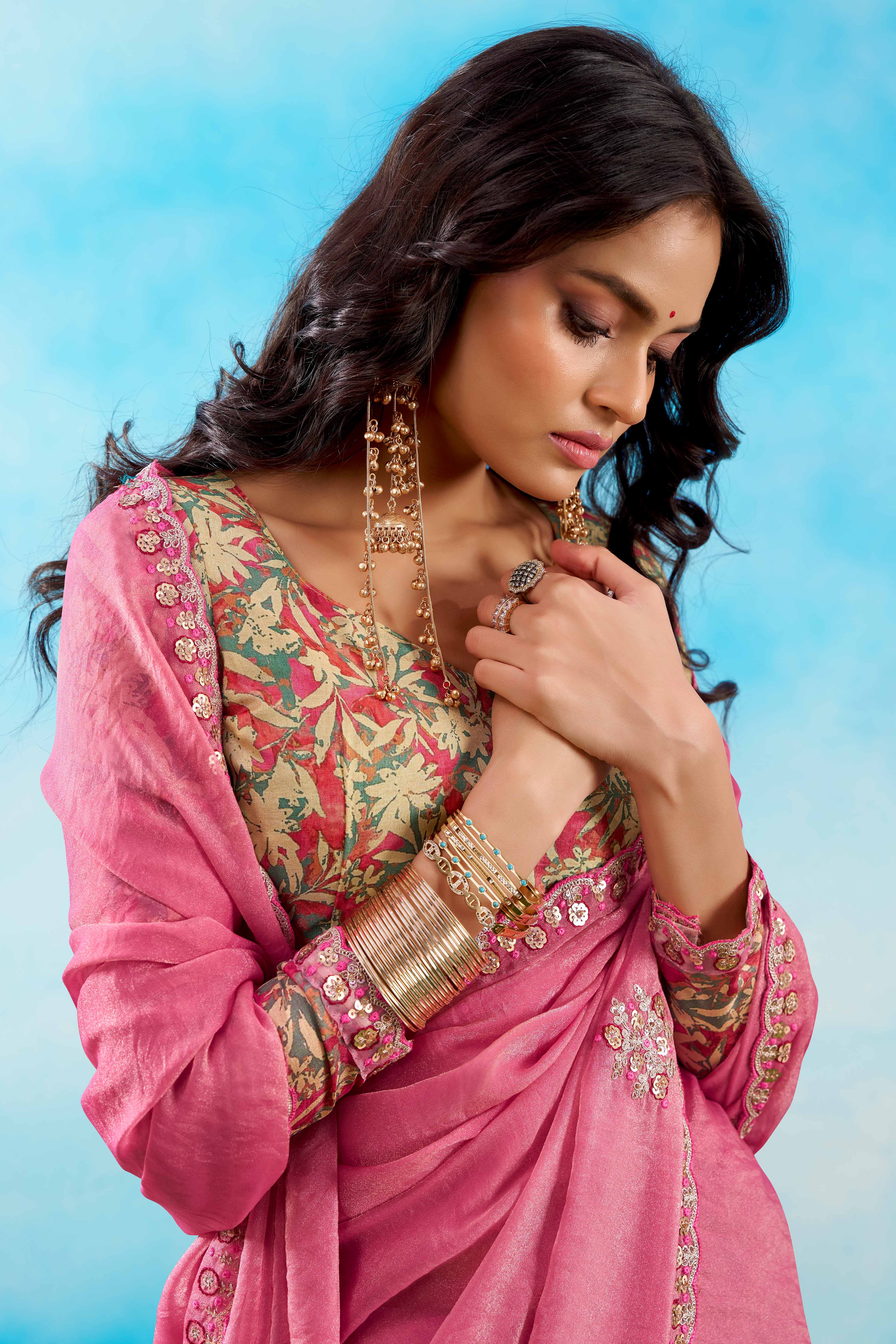 Luxurious Baby Pink Chiffon Saree Showcasing Floral Sequins Embroidery In A Two Tone Finish