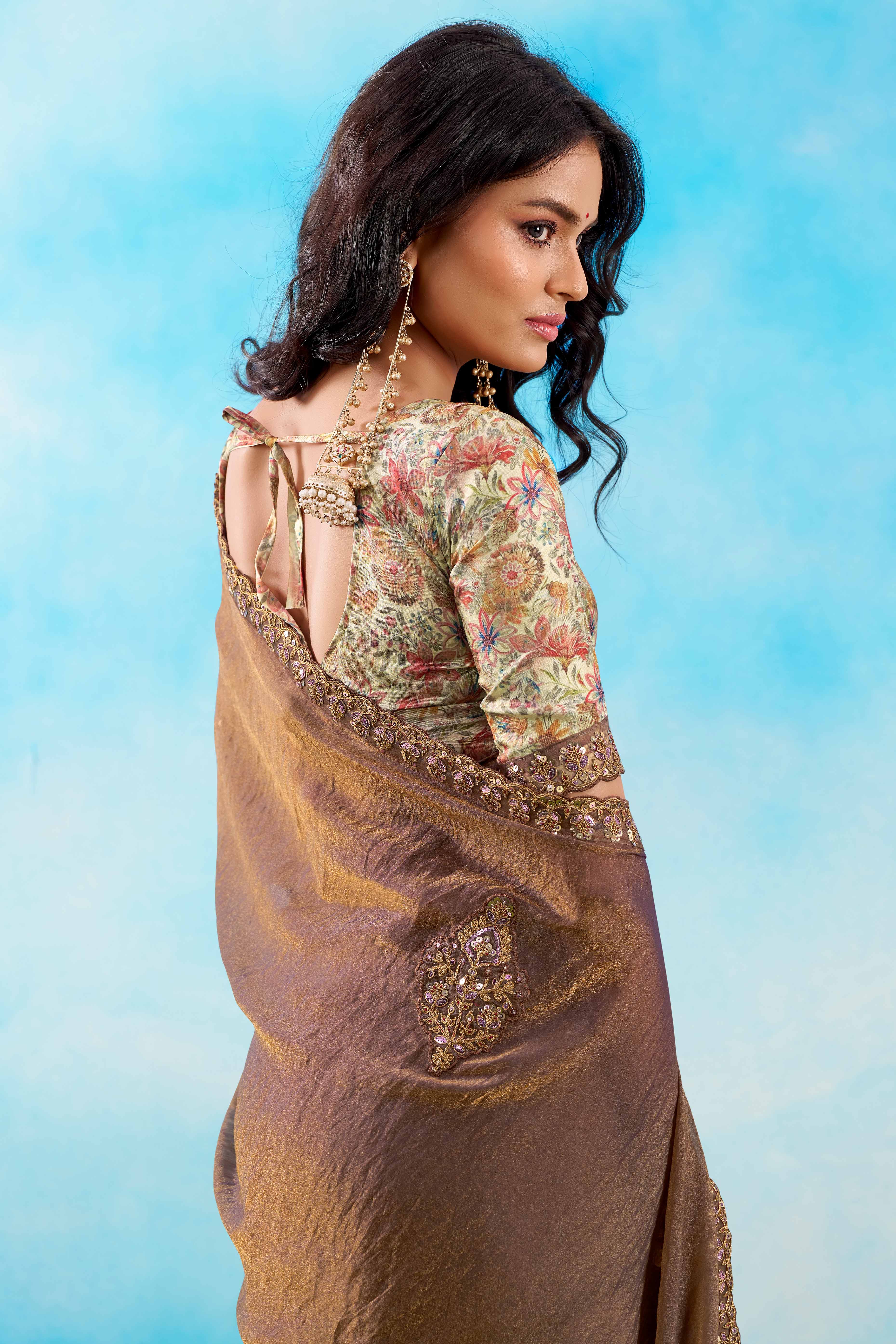 Luxurious Brown Chiffon Saree Showcasing Floral Sequins Embroidery In A Two Tone Finish
