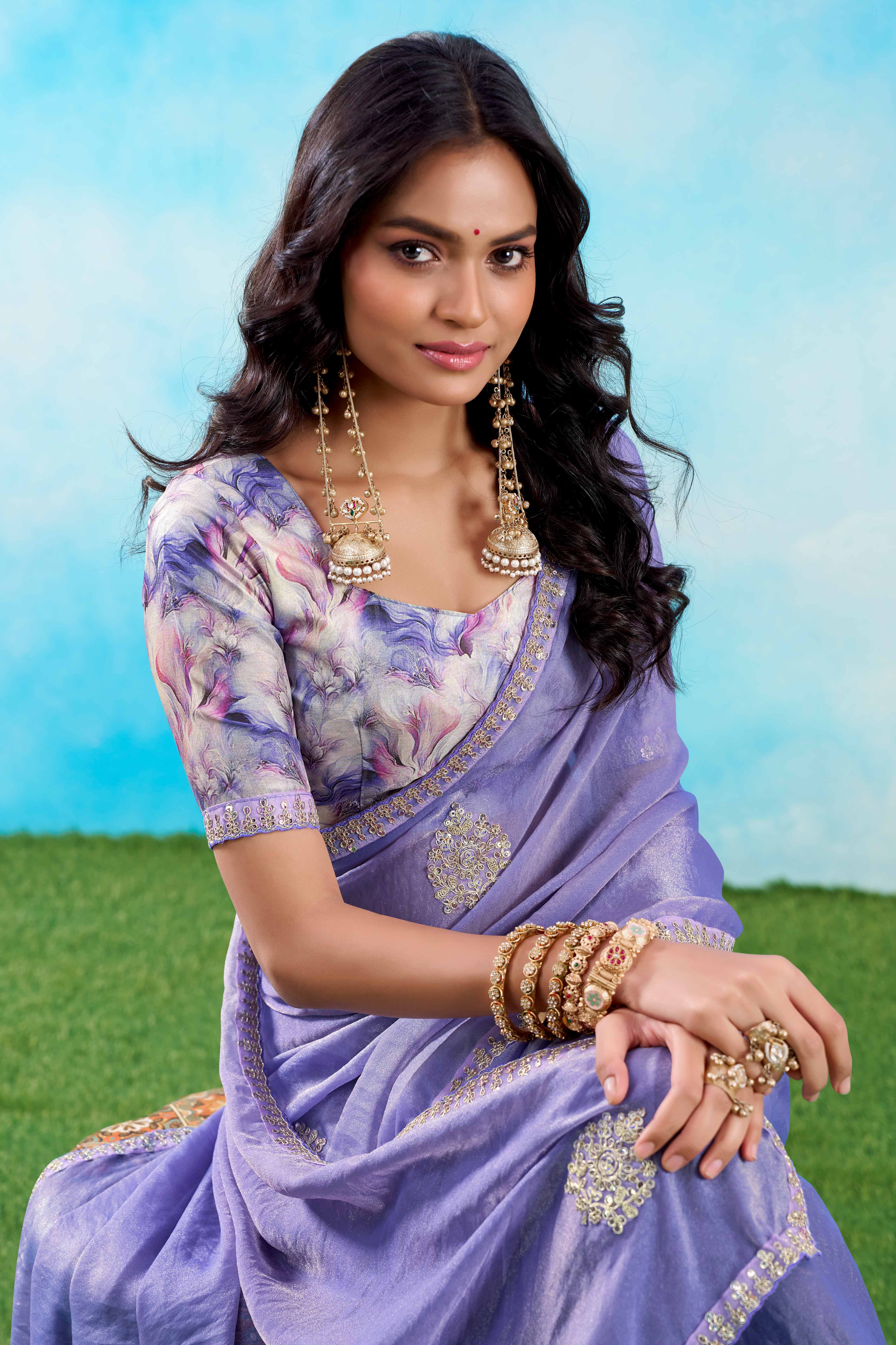 Luxurious Lavender Chiffon Saree Showcasing Floral Sequins Embroidery In A Two Tone Finish