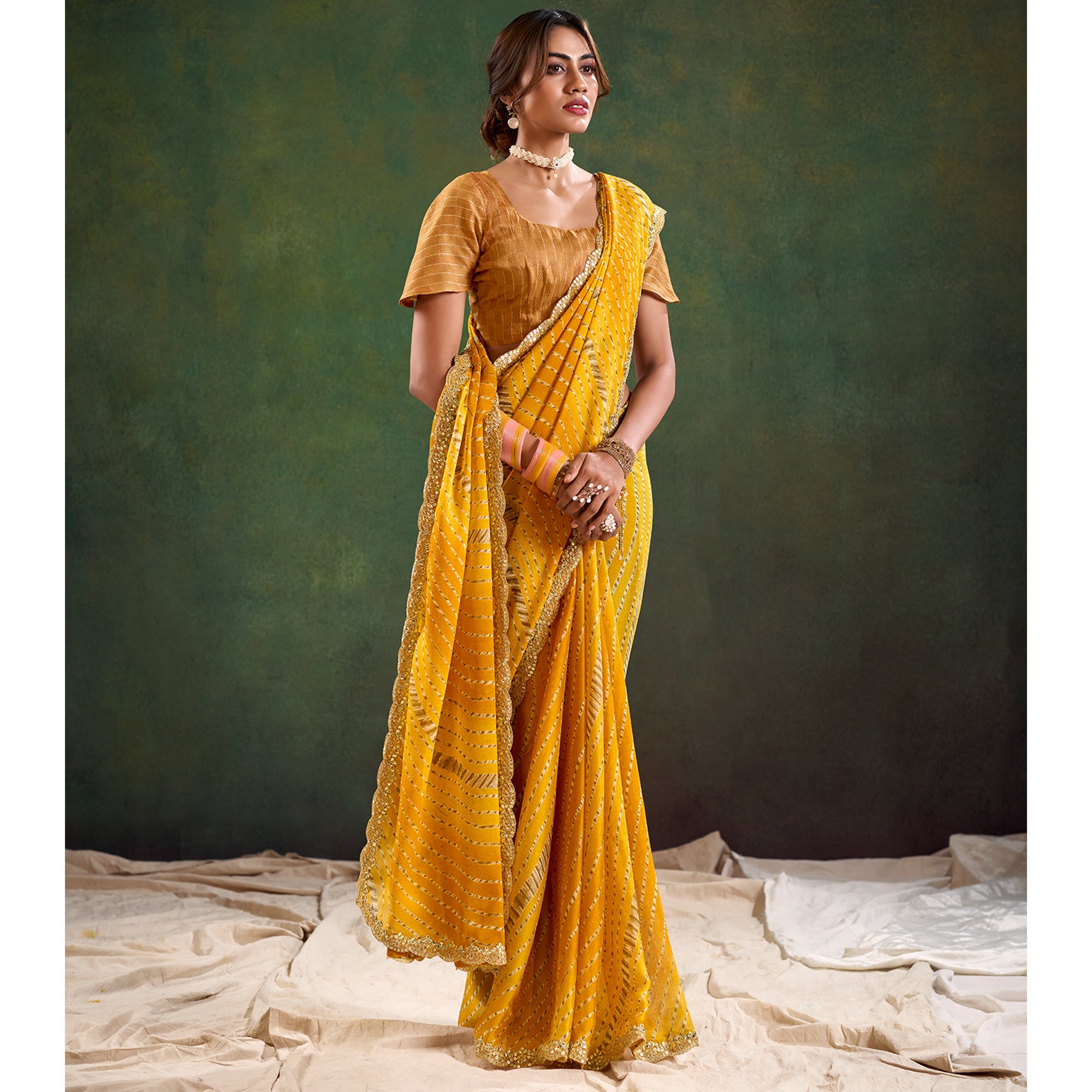Mustard Printed Chiffon Saree With Sequins Border