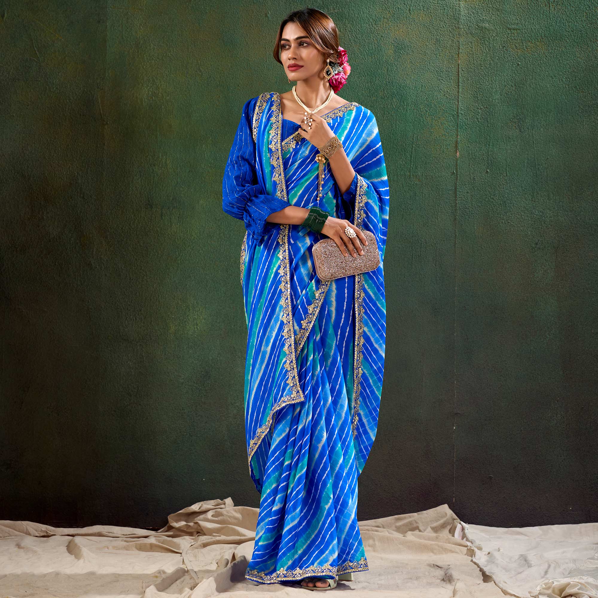Blue Printed Chiffon Saree With Sequins Border