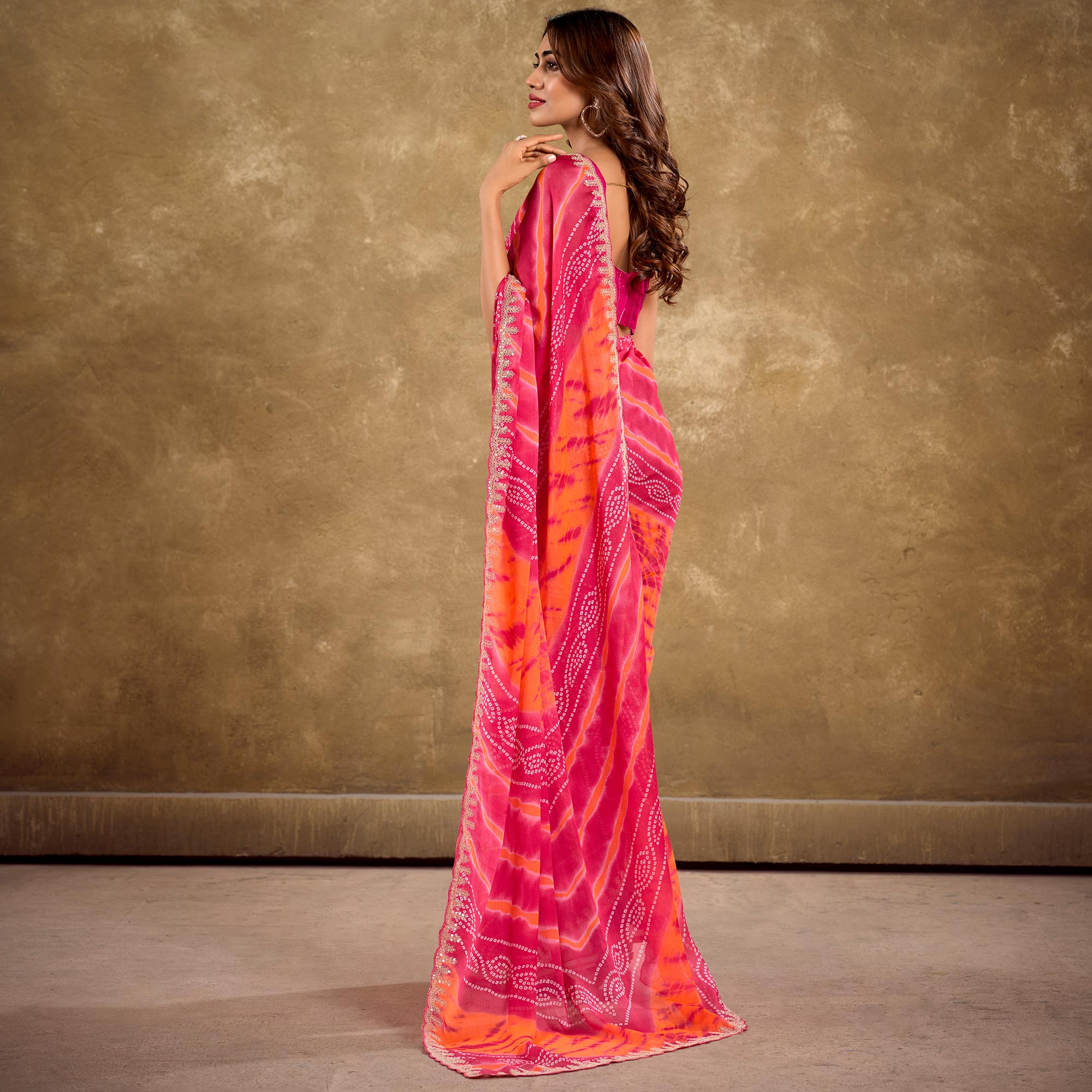 Pink & Orange Printed Chiffon Saree With Sequins Border