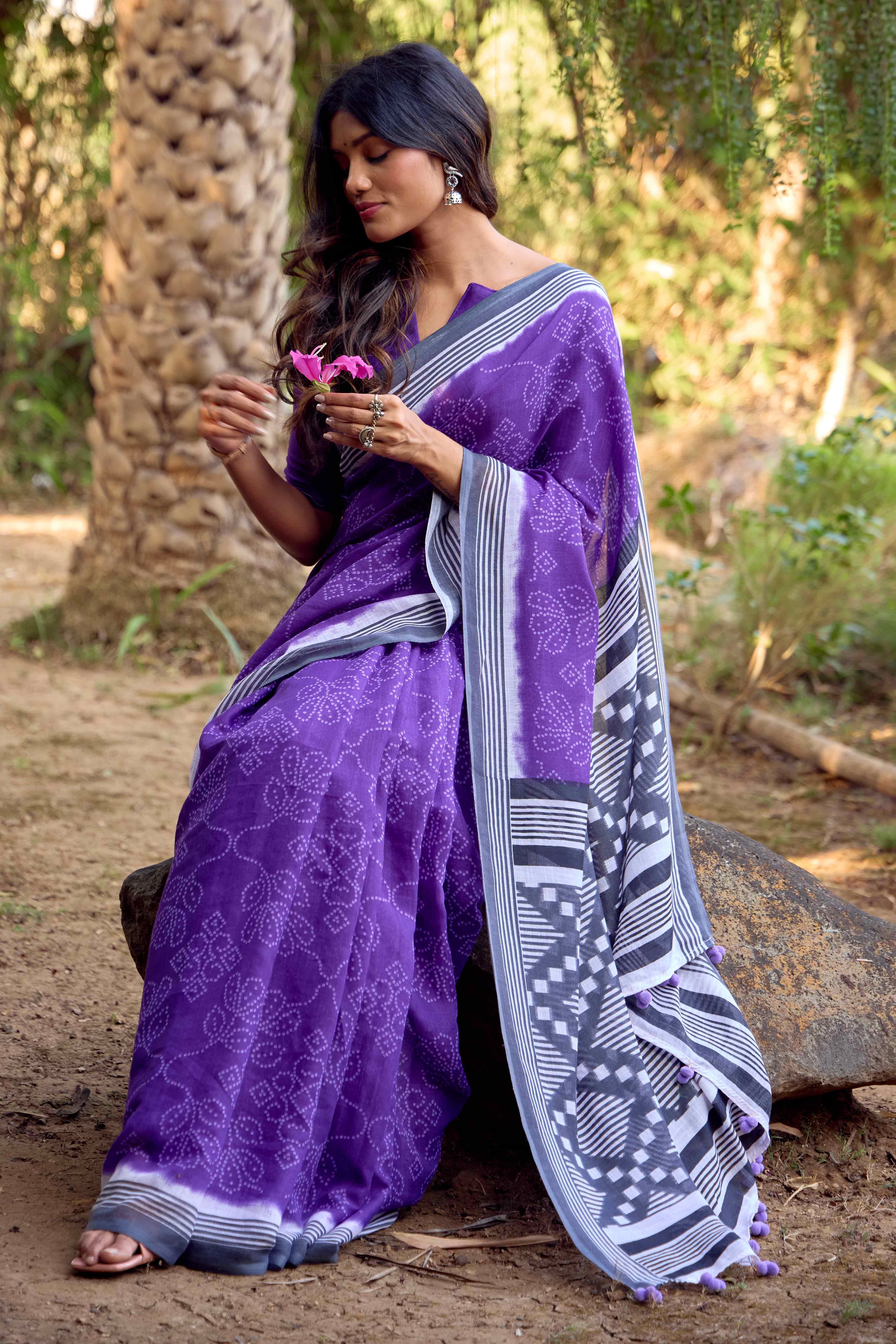 Purple Bandhani Printed Linen Saree