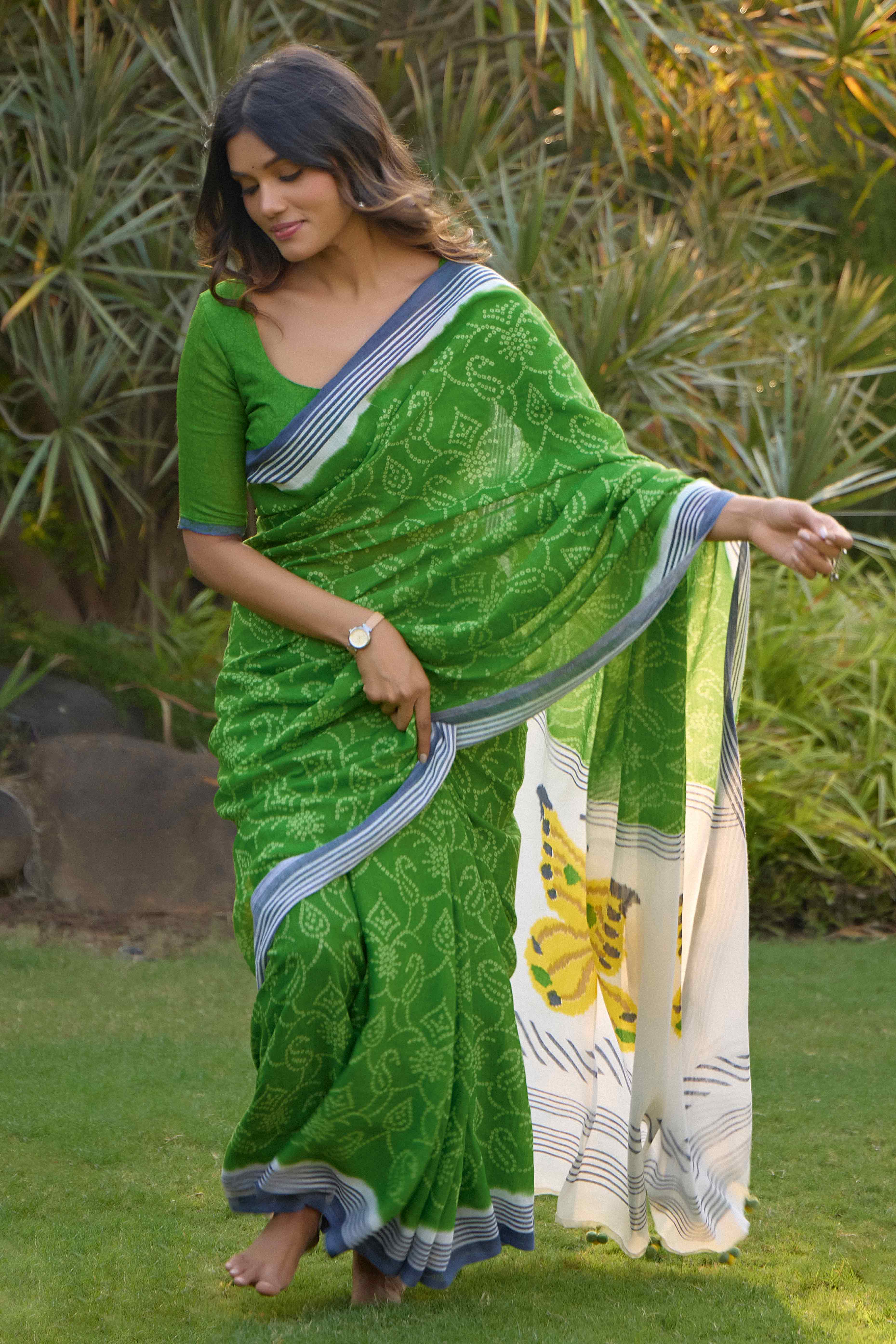 Forest Green Bandhani Printed Linen Saree