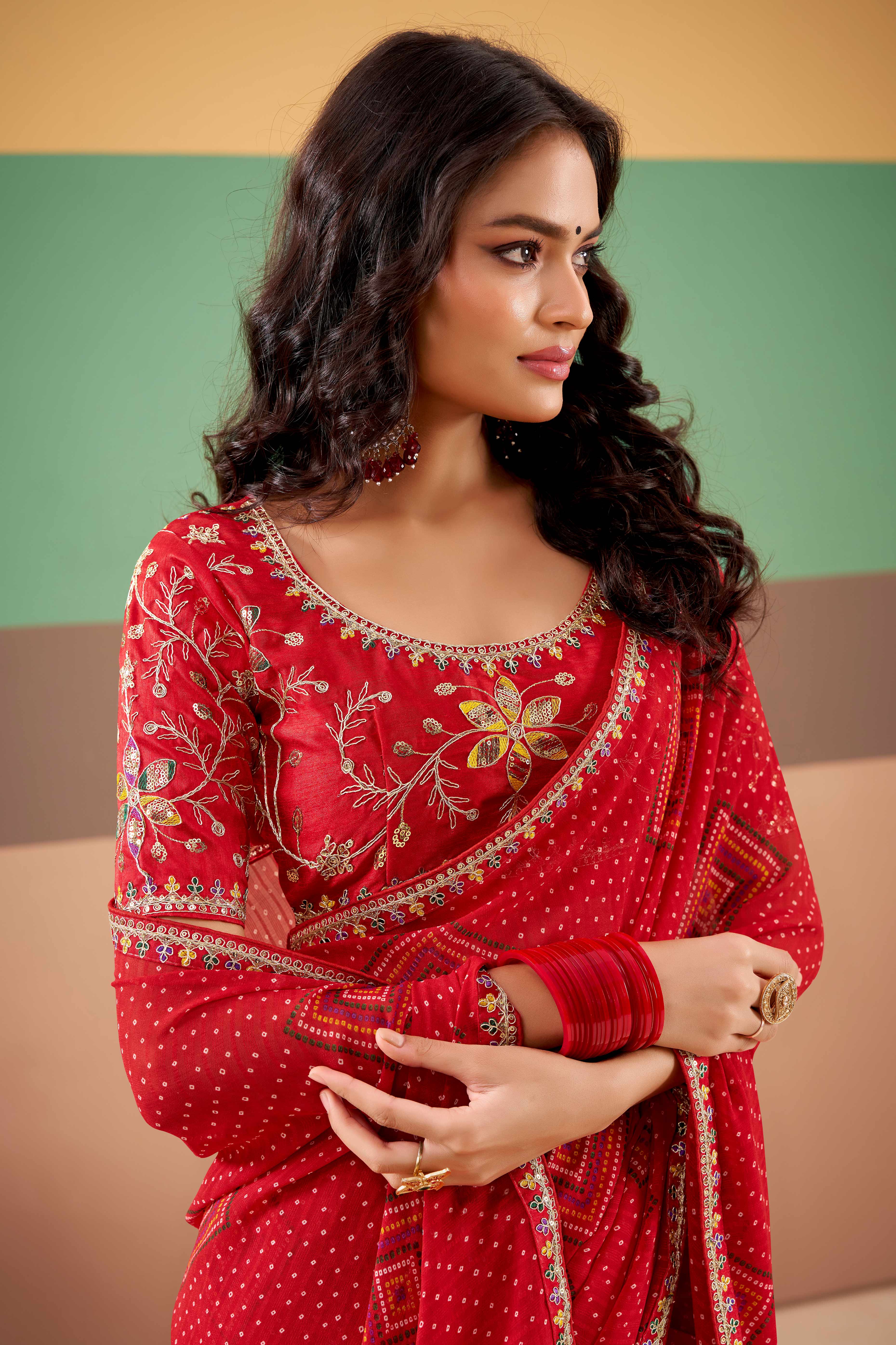 Charming Red Bandhani Printed Georgette Saree Adorned With Intricate Cording Embroidered Border