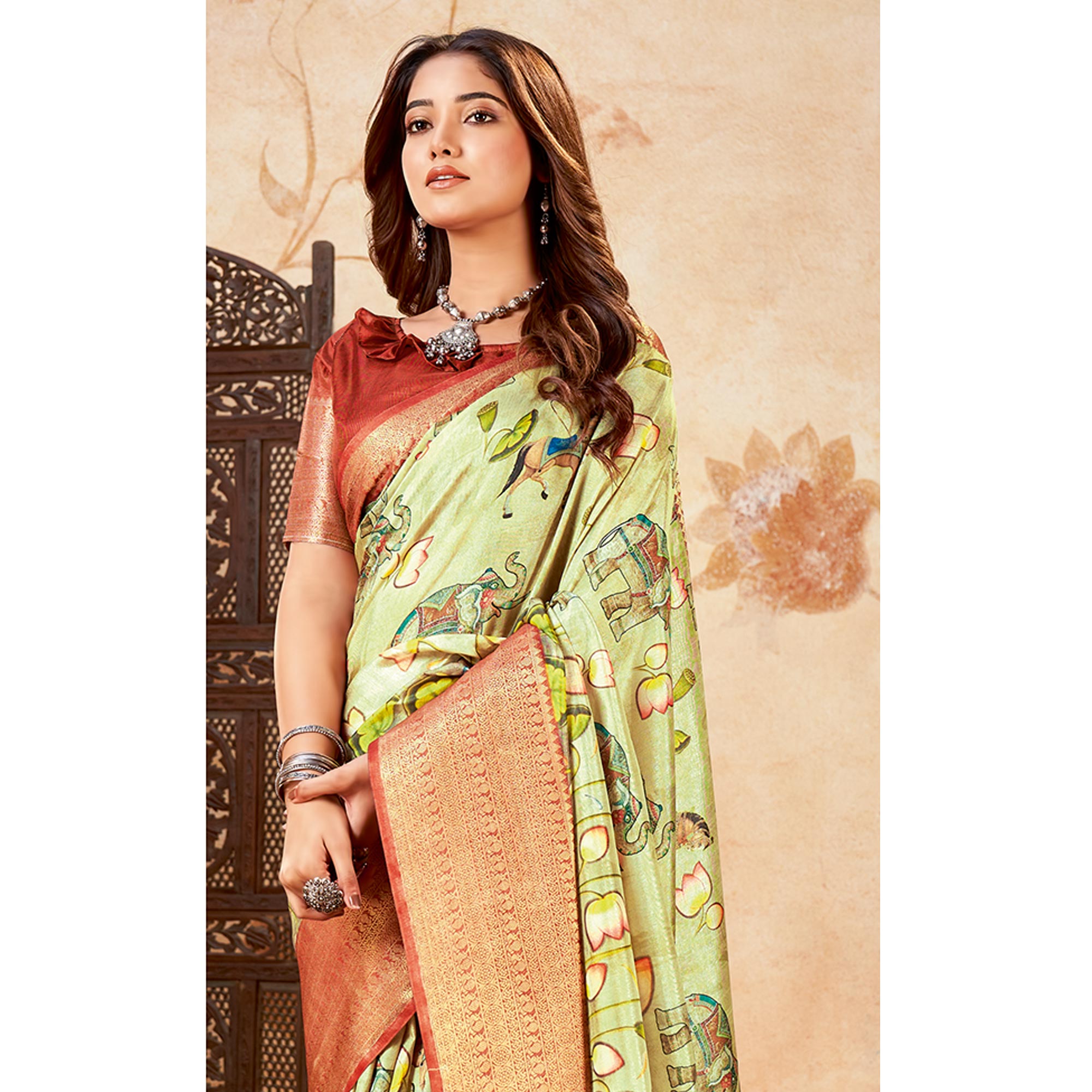 Olive Green Printed Cotton Silk Saree With Jacquard Border