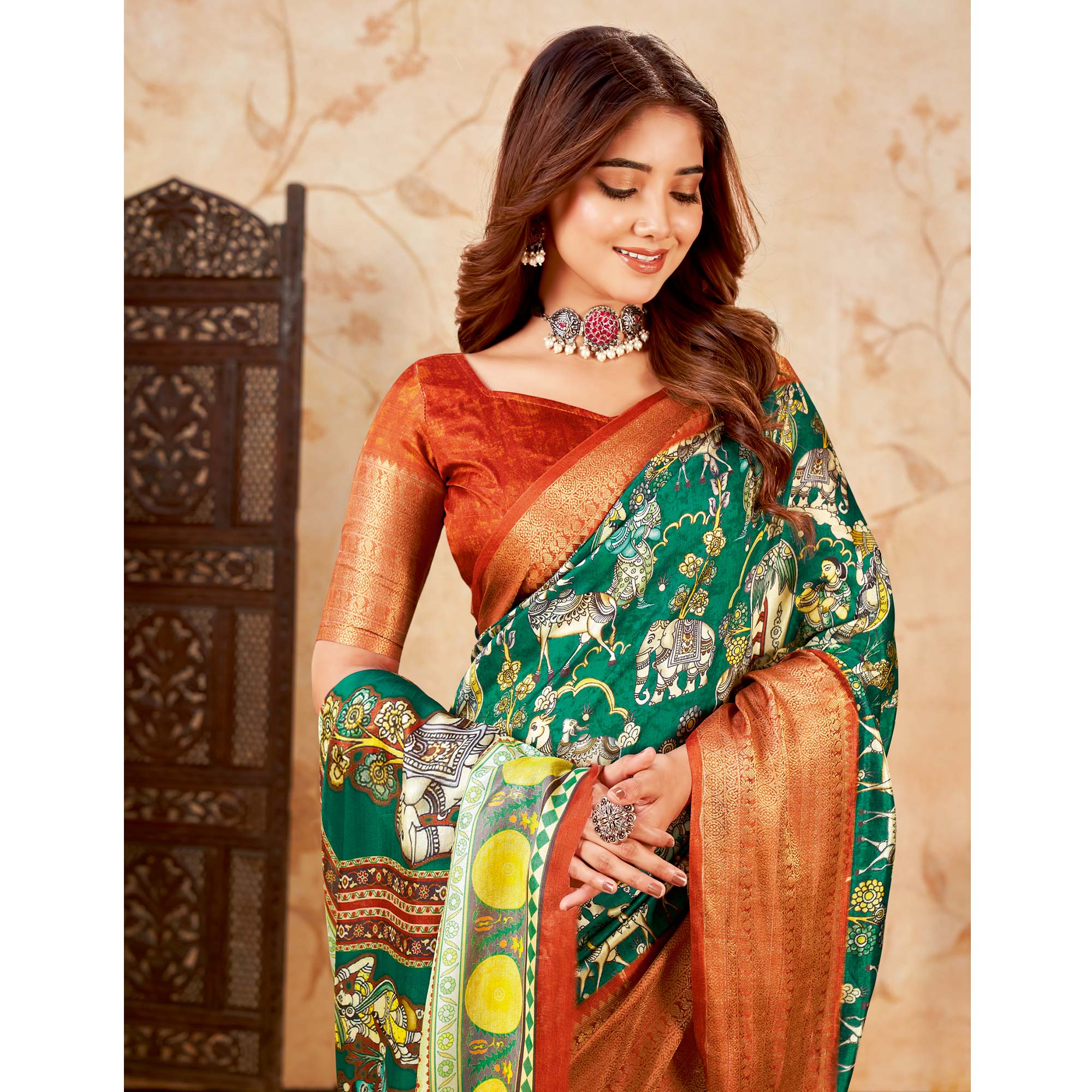 Rama Green Printed Cotton Silk Saree With Jacquard Border