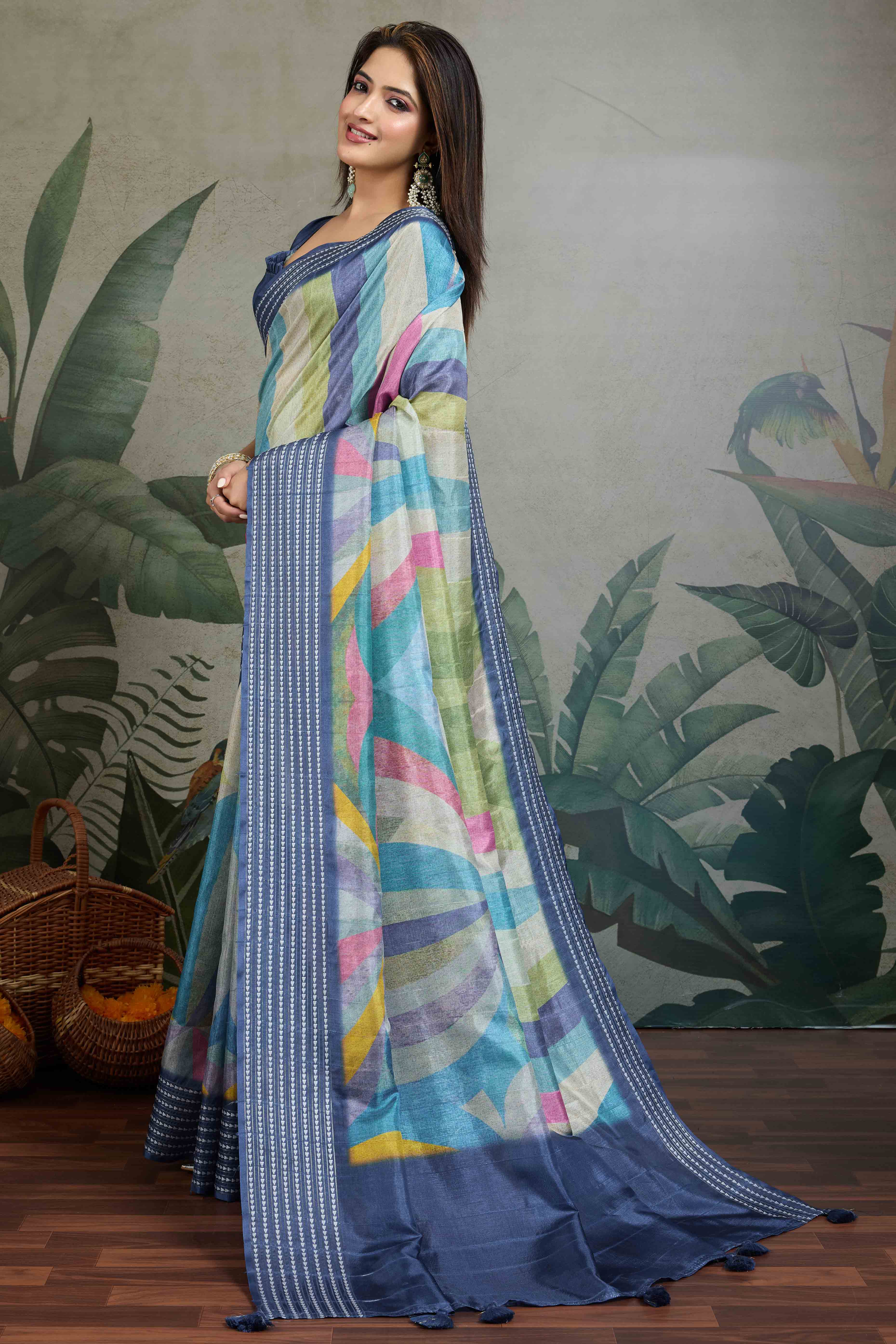 Blue Silk Blend Saree with Geometric Print