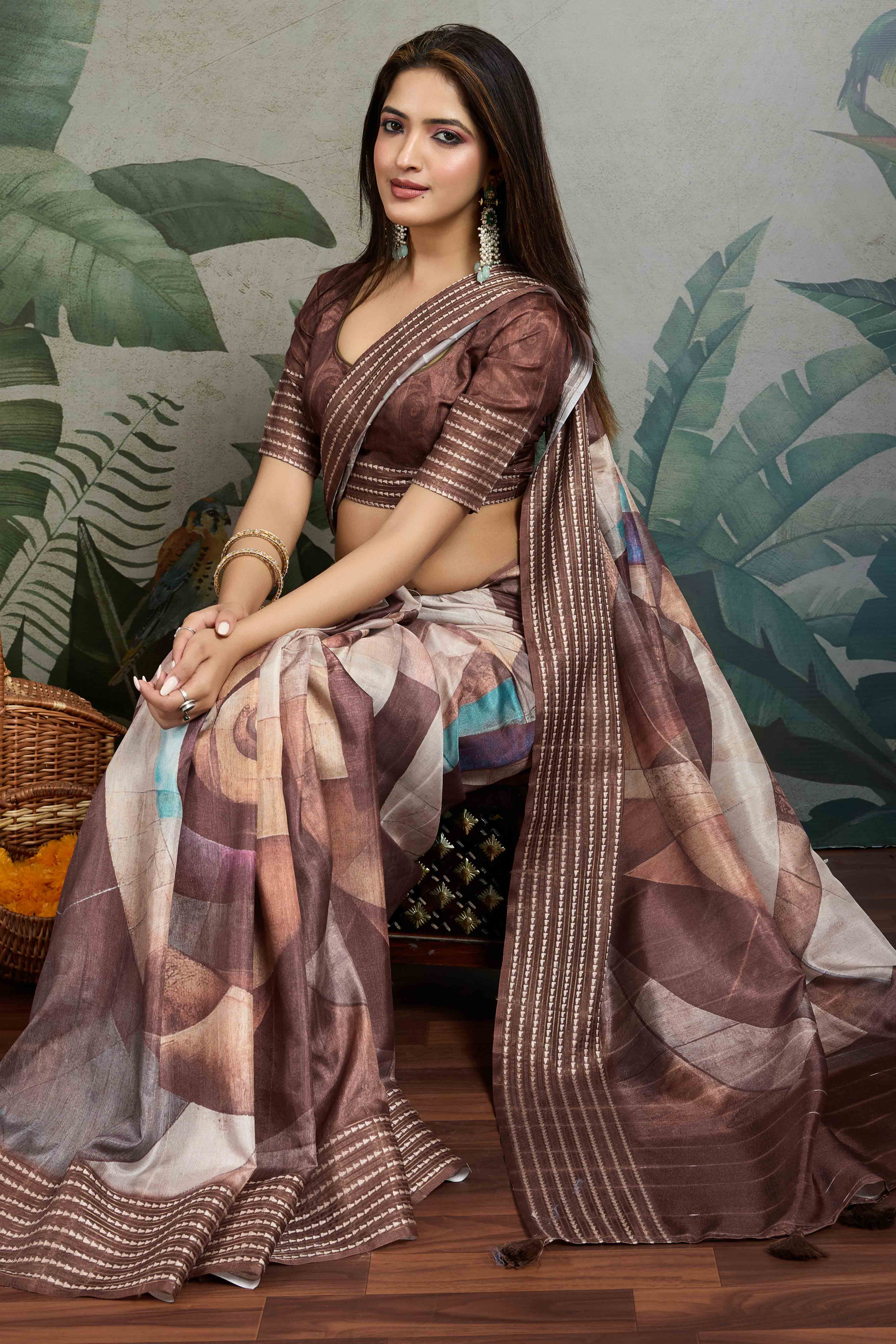 Brown Silk Blend Saree with Geometric Print