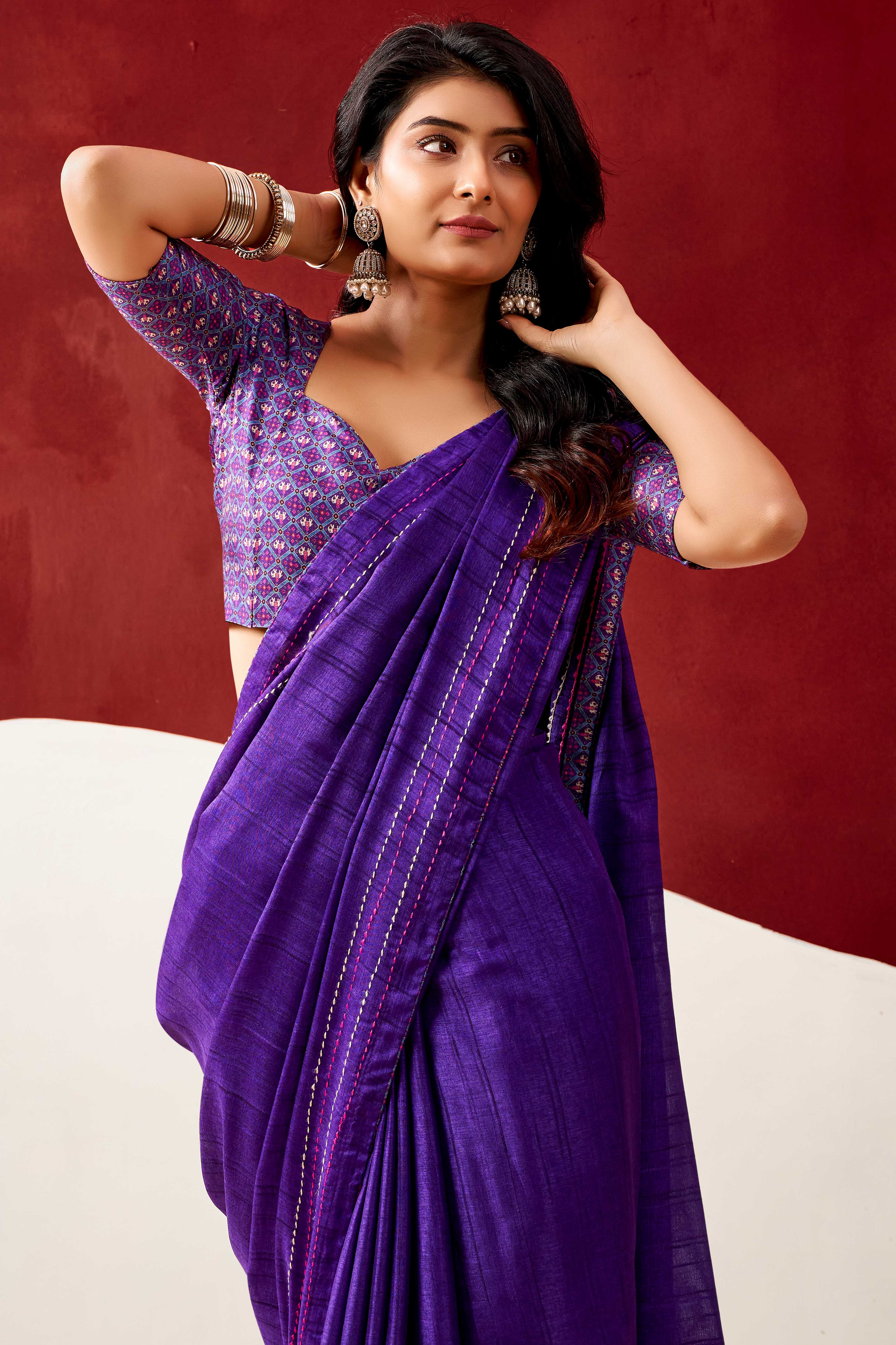 Graceful Purple Handloom Cotton Blend Saree Featuring Striped Lining Embroidery & Tassel Pallu