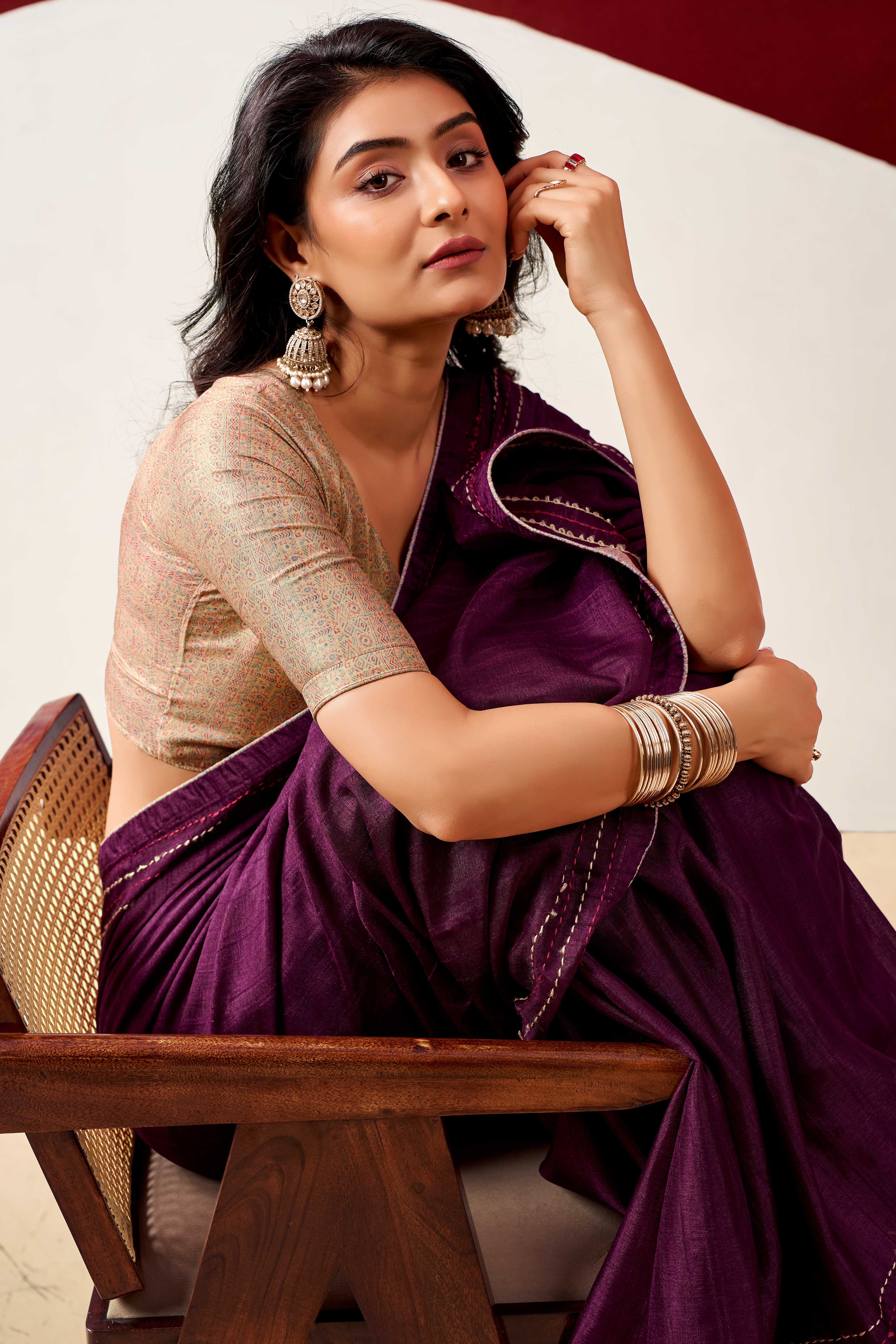 Graceful Wine Handloom Cotton Blend Saree Featuring Striped Lining Embroidery & Tassel Pallu