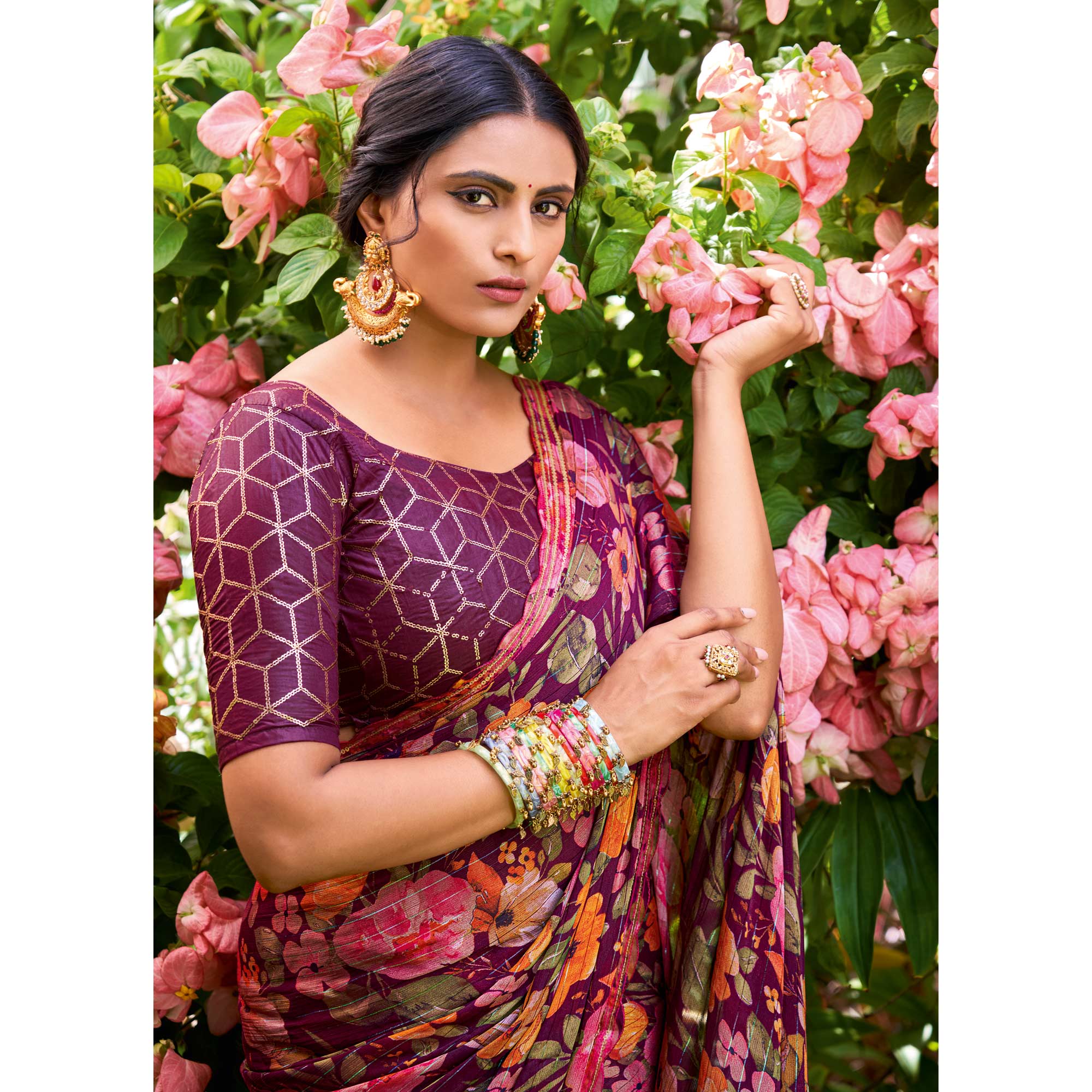 Purple Floral Printed Chiffon Saree With Zari Work
