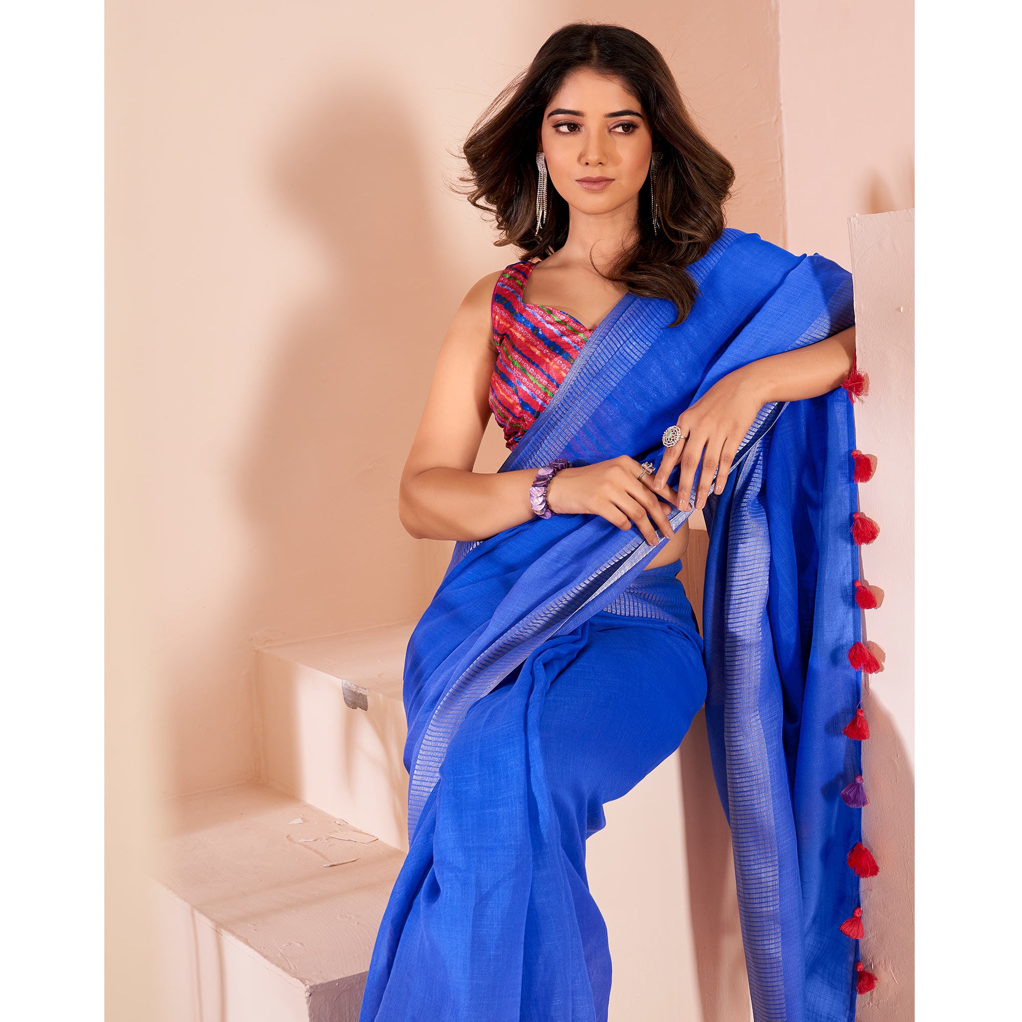 Blue Woven Linen Saree With Tassels