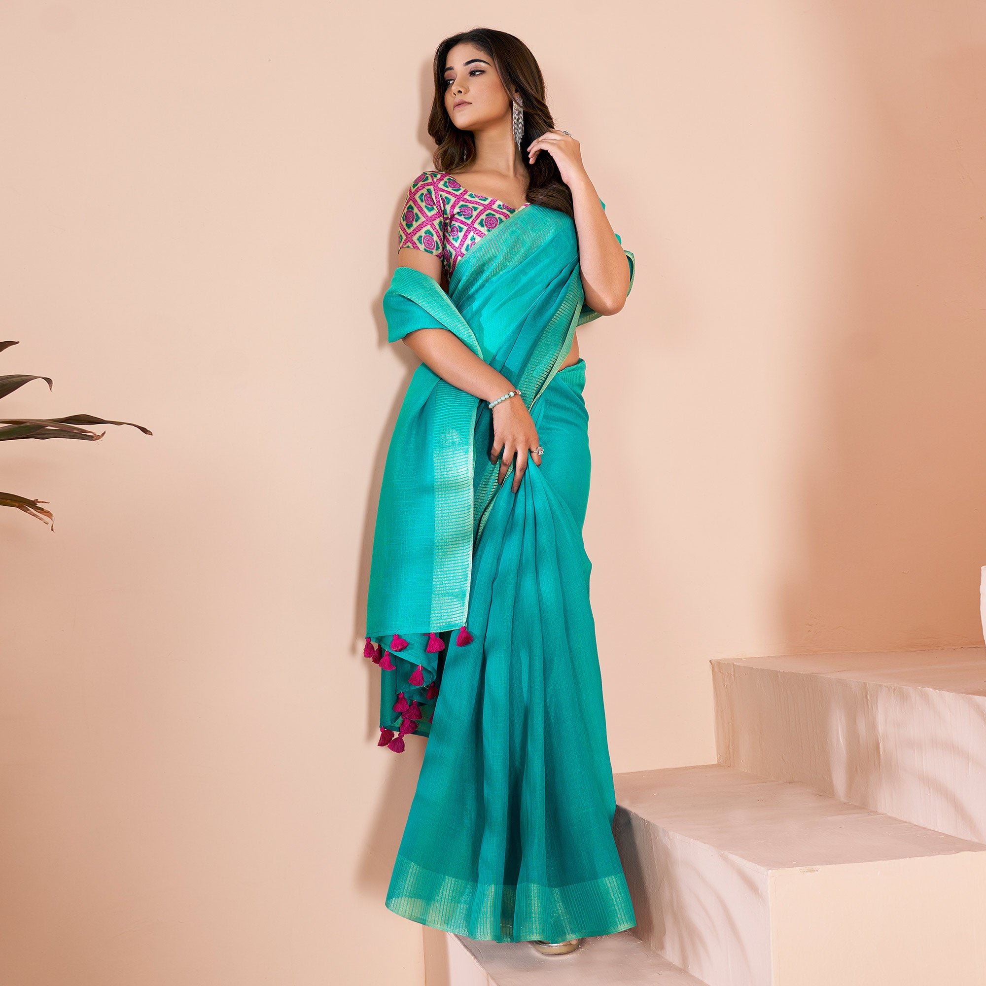 Turquoise Woven Linen Saree With Tassels