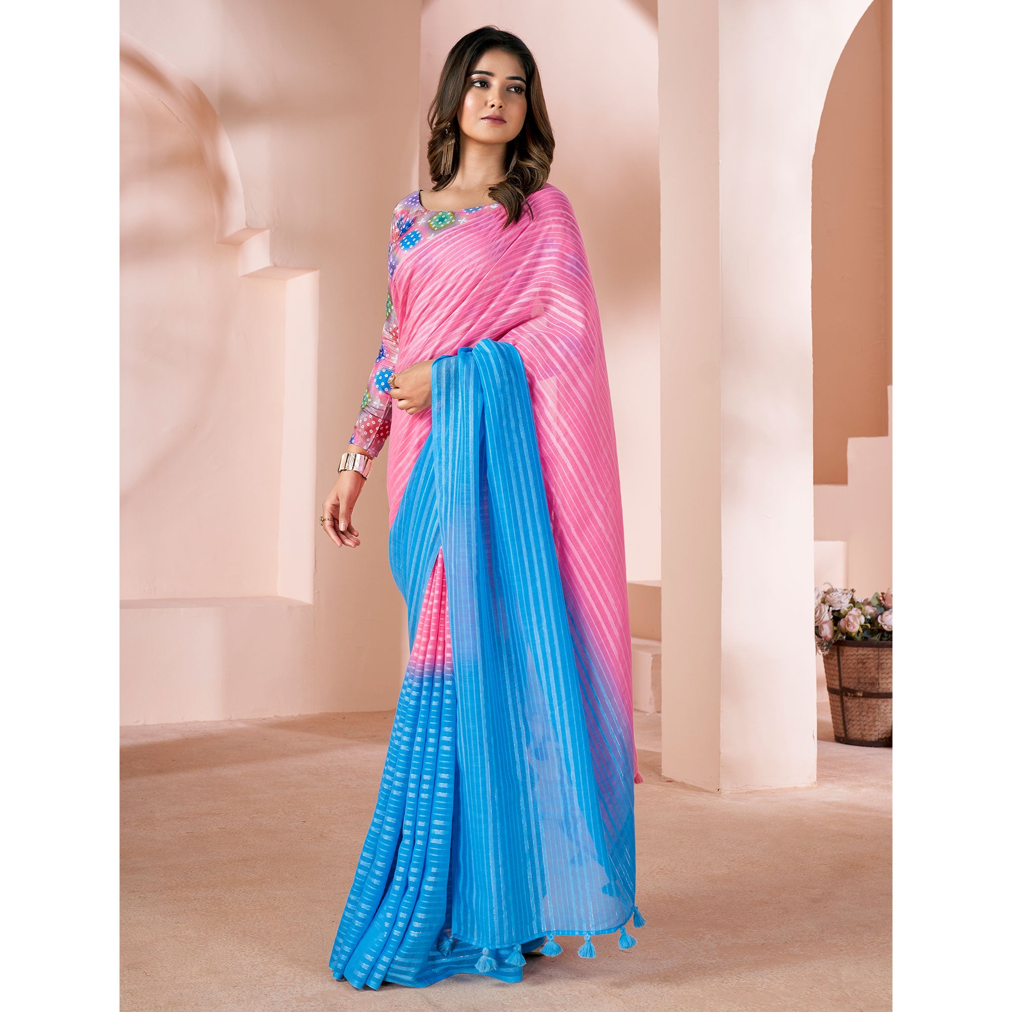 Pink & Blue Woven Linen Saree With Tassels