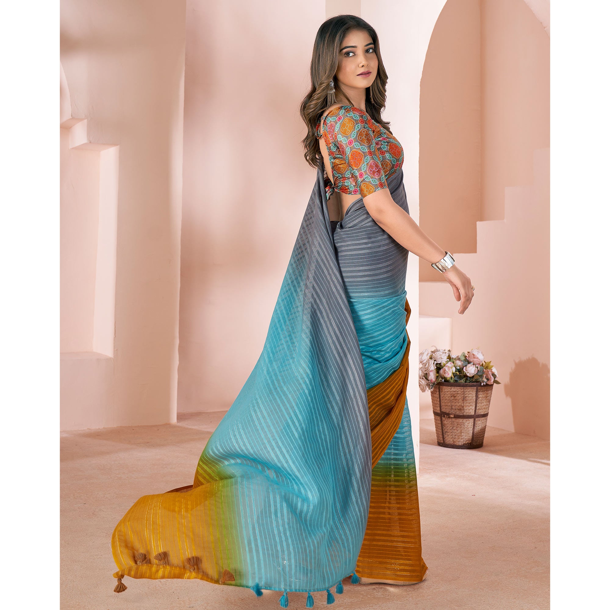 Multicolor Woven Linen Saree With Tassels