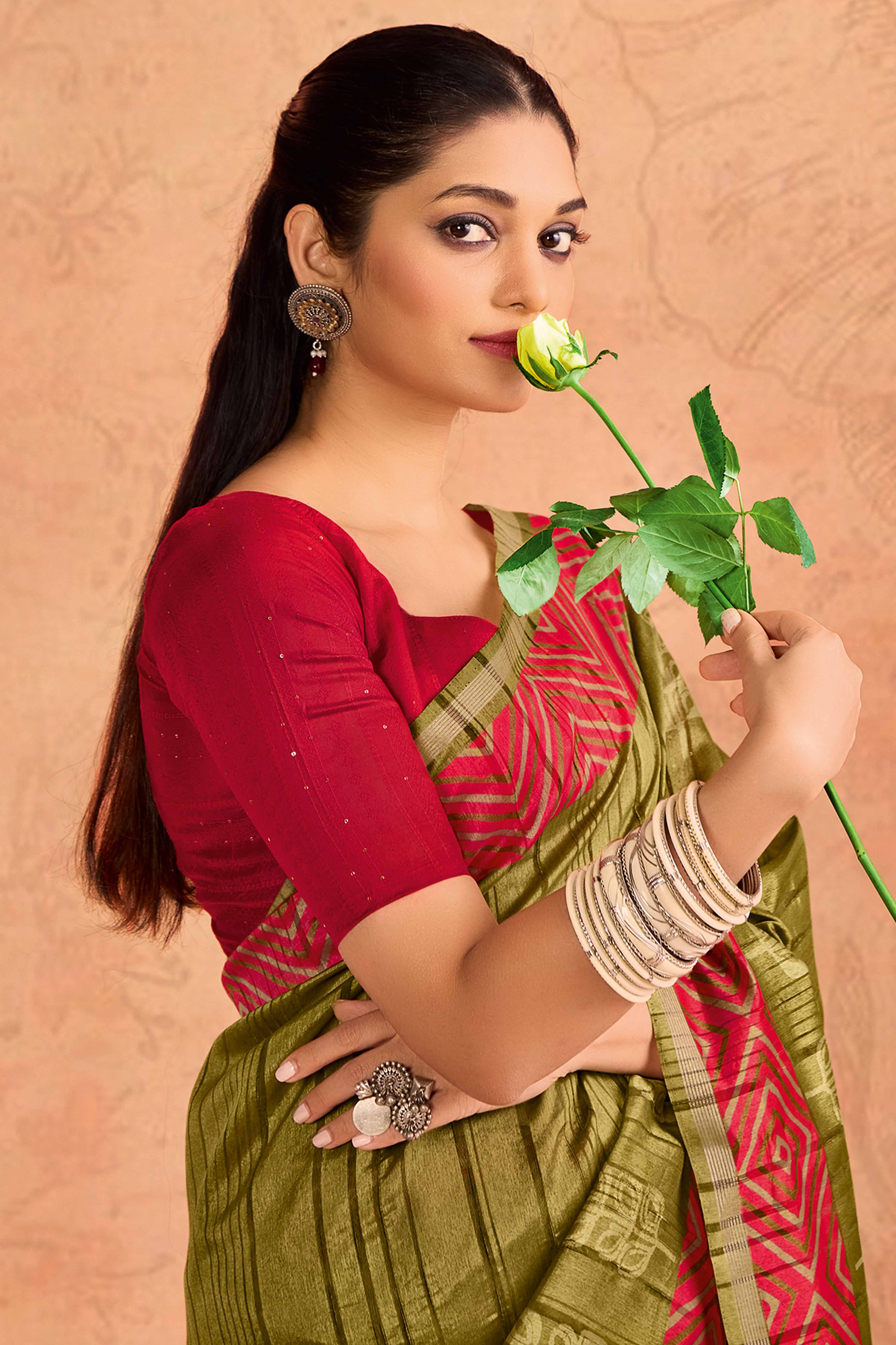 Mehendi Green Silk Blend Saree with Bold Abstract Print