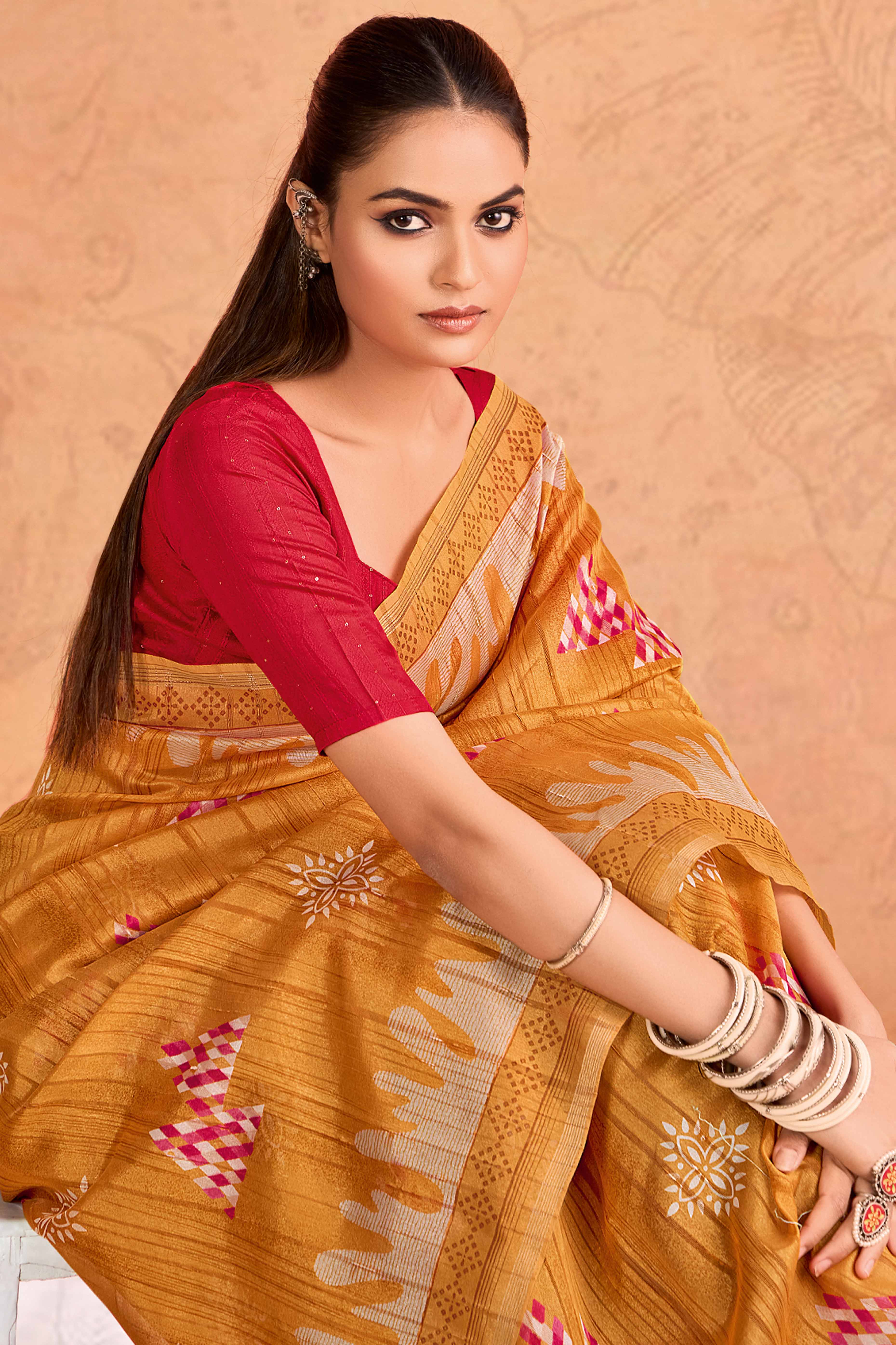 Light Brown Silk Blend Saree with Bold Abstract Print