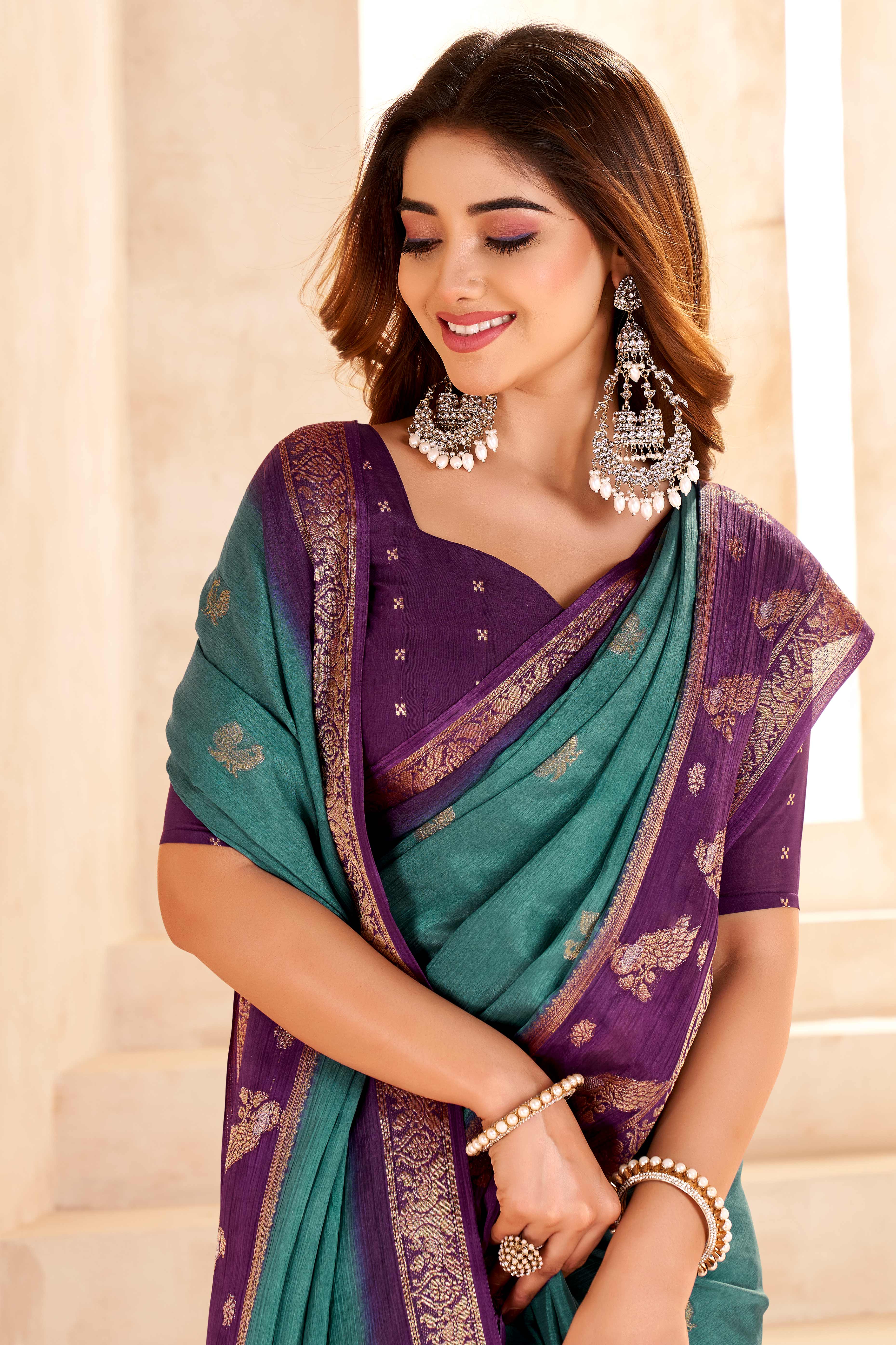 Teal Chinon Saree Featuring Exquisite Jacquard Weaving for a Timeless and Refined Look