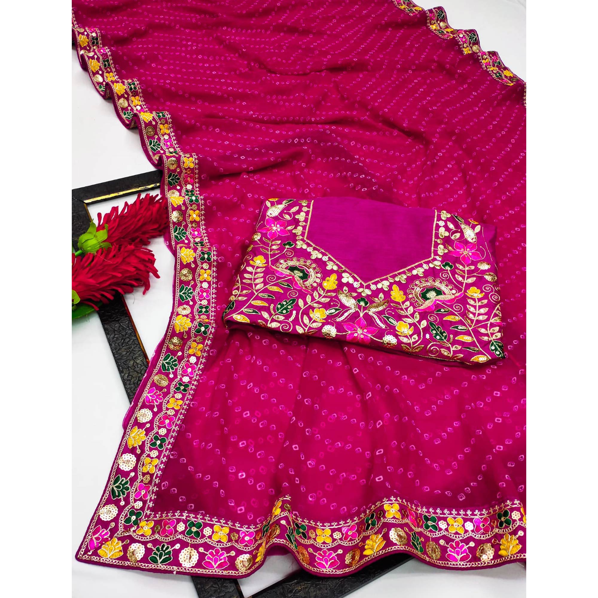 Pink Bandhani Printed Georgette Saree With Sparkling Sequin Embroidered Border