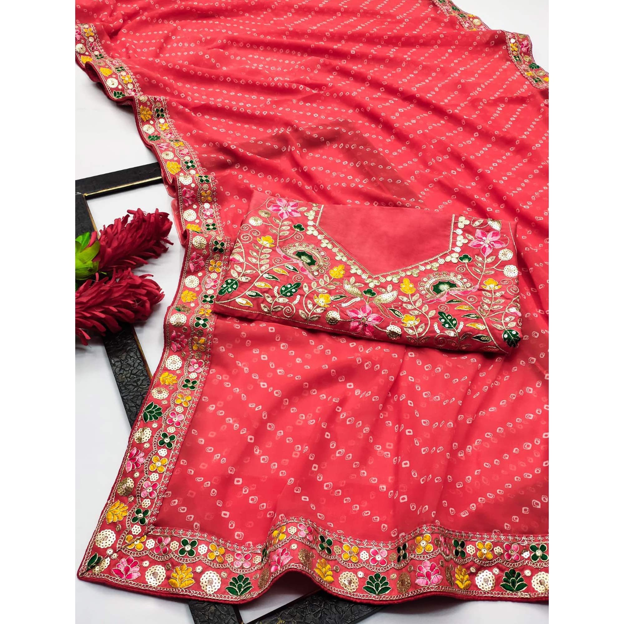 Coral Pink Bandhani Printed Georgette Saree With Sparkling Sequin Embroidered Border