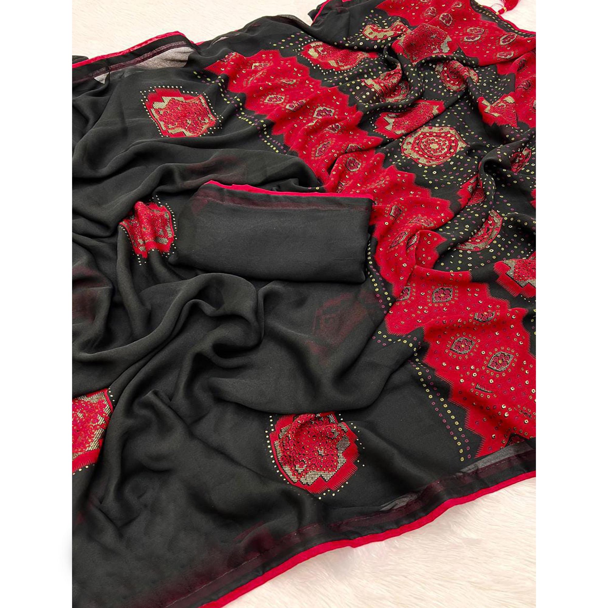 Black & Red Patola With Bandhani Printed Moss Chiffon Saree