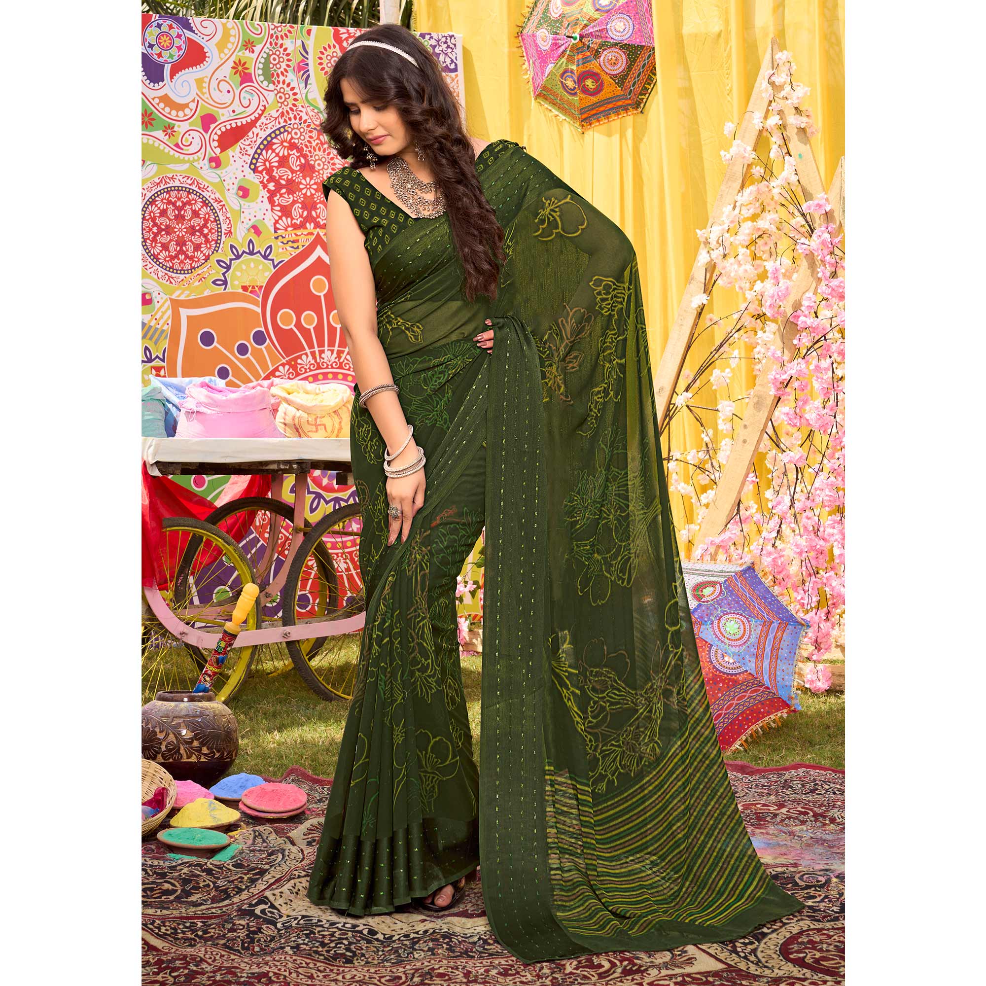 Green Floral Printed Georgette Saree With Woven Border