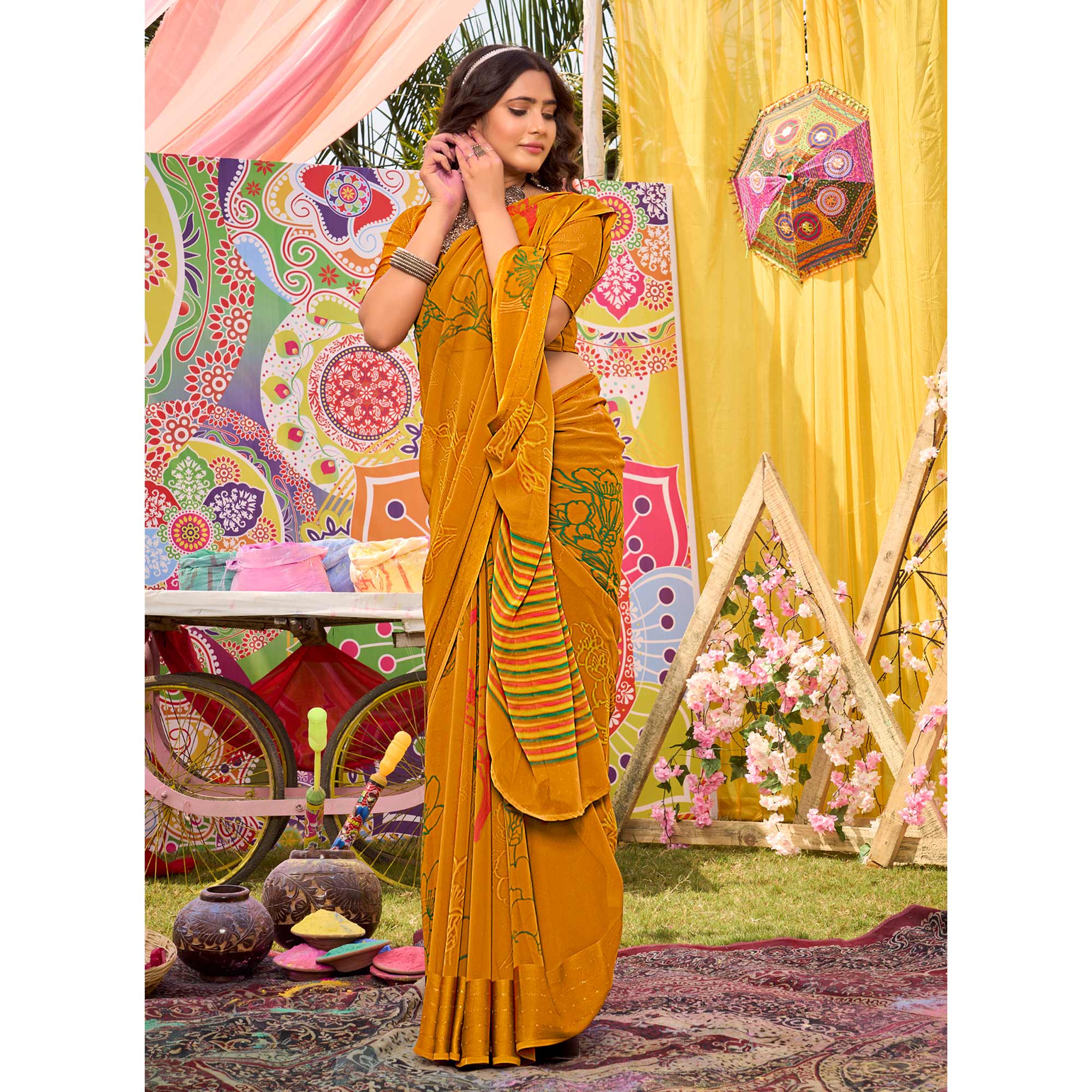 Mustard Floral Printed Georgette Saree With Woven Border