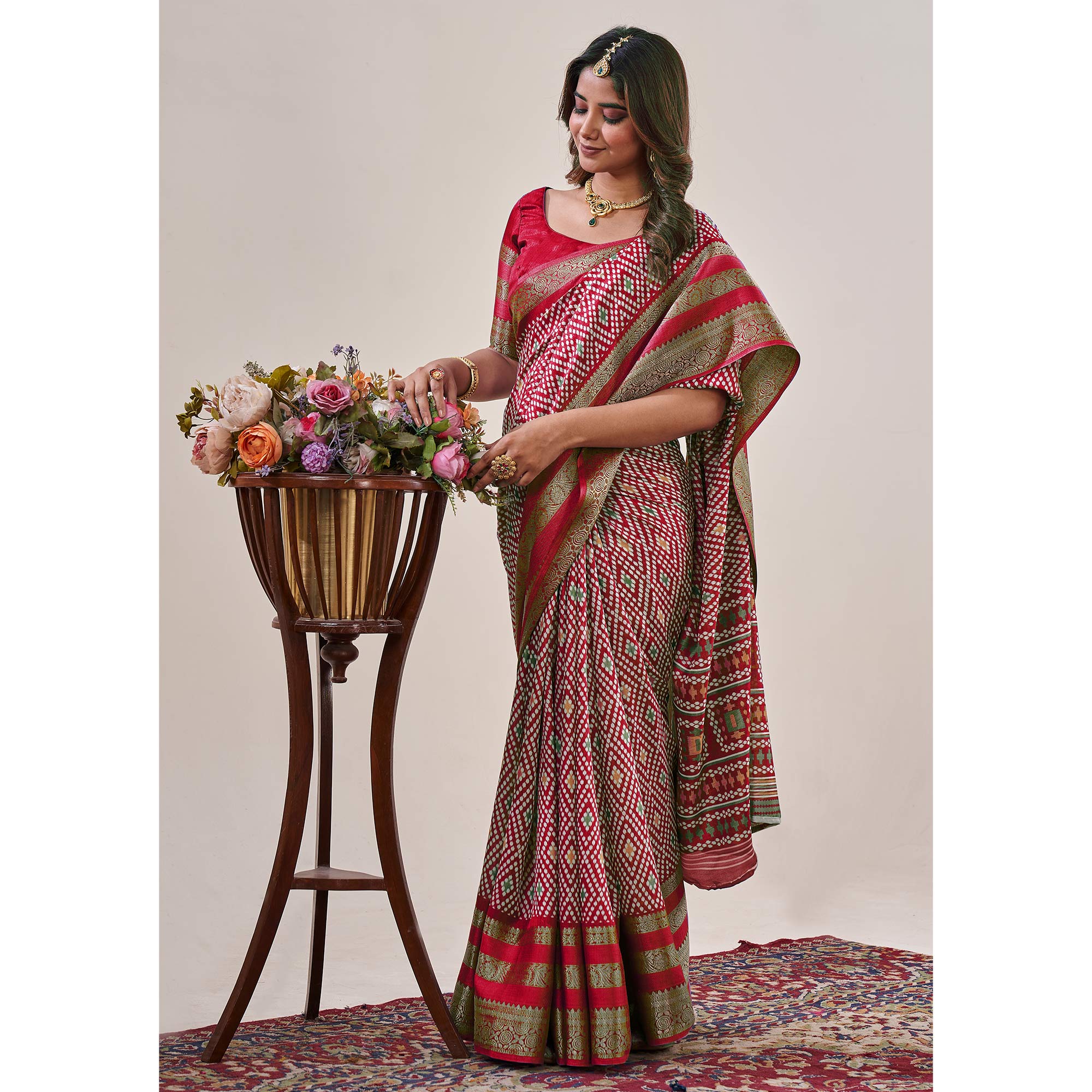 Red Ikkat Printed With Jacquard Border Cotton Silk Saree