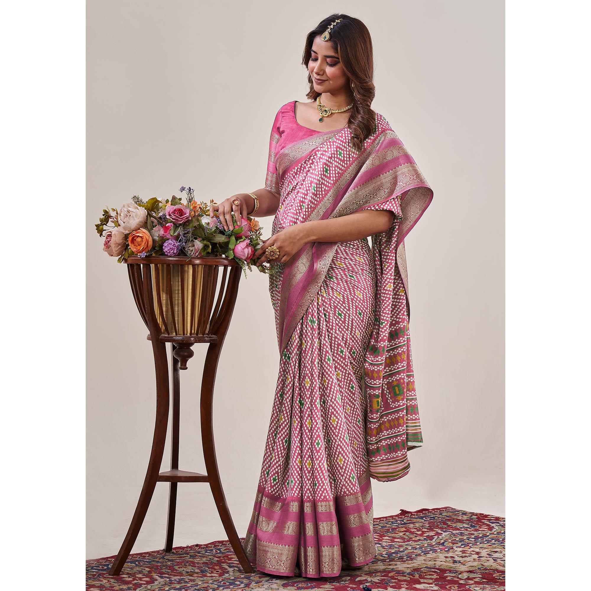 Baby Pink Ikkat Printed With Jacquard Border Cotton Silk Saree