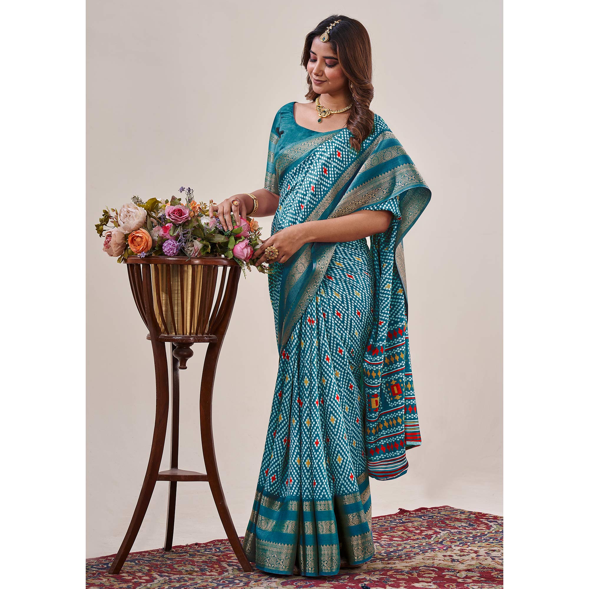 Rama Blue Ikkat Printed With Jacquard Border Cotton Silk Saree