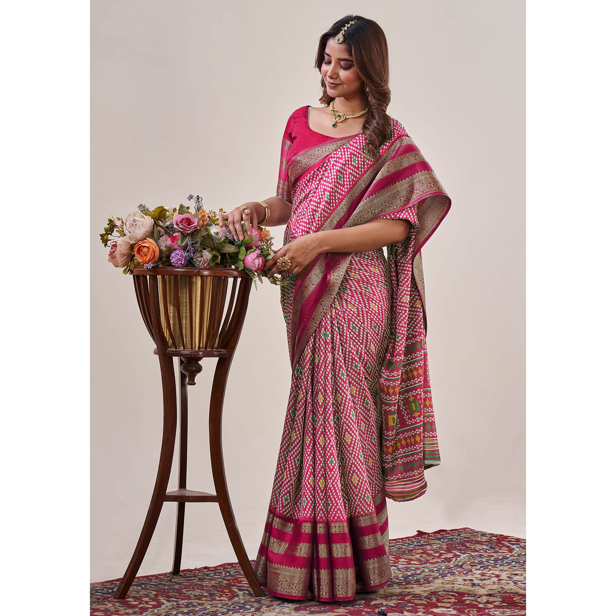 Pink Ikkat Printed With Jacquard Border Cotton Silk Saree