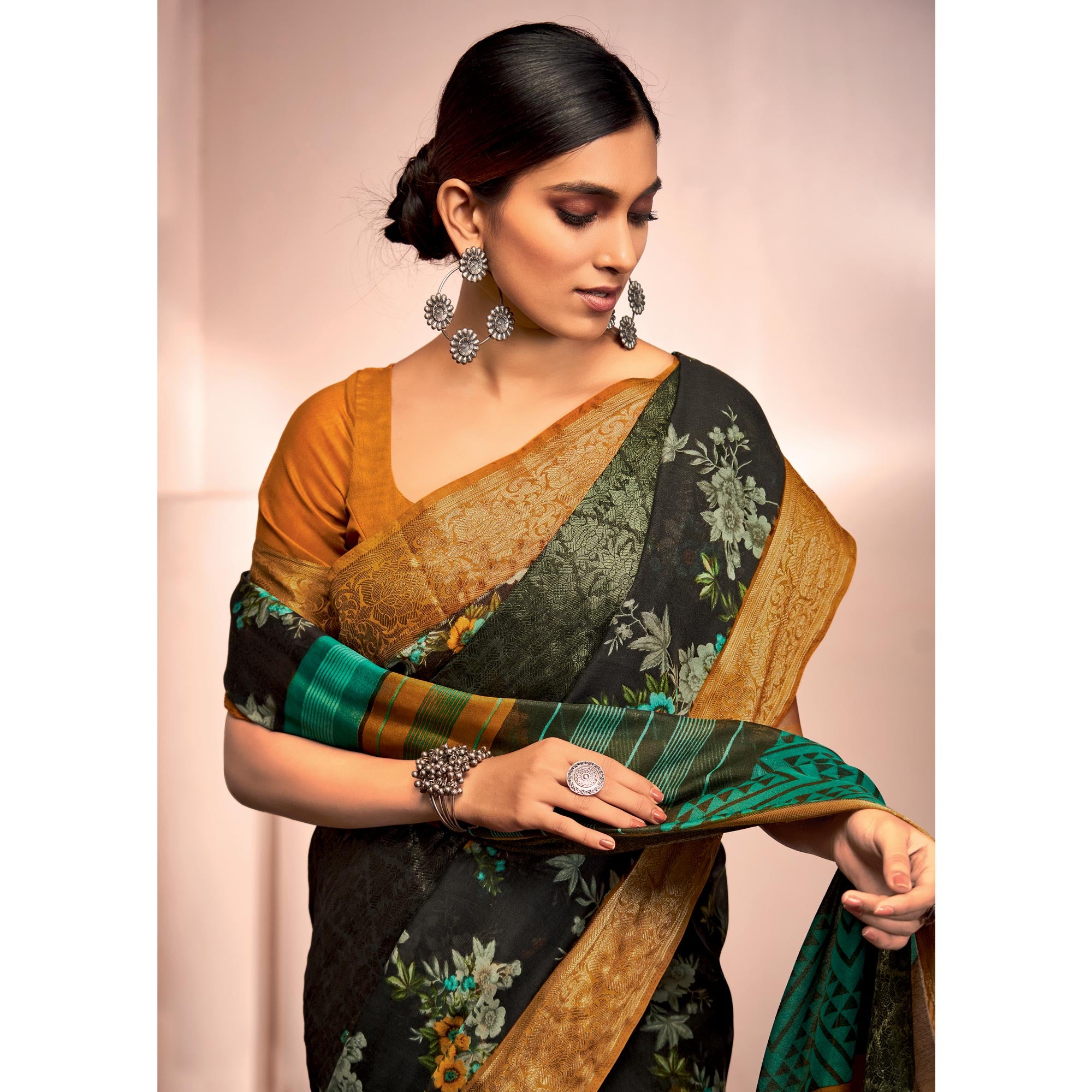 Black Floral Printed With Woven Cotton Silk Saree