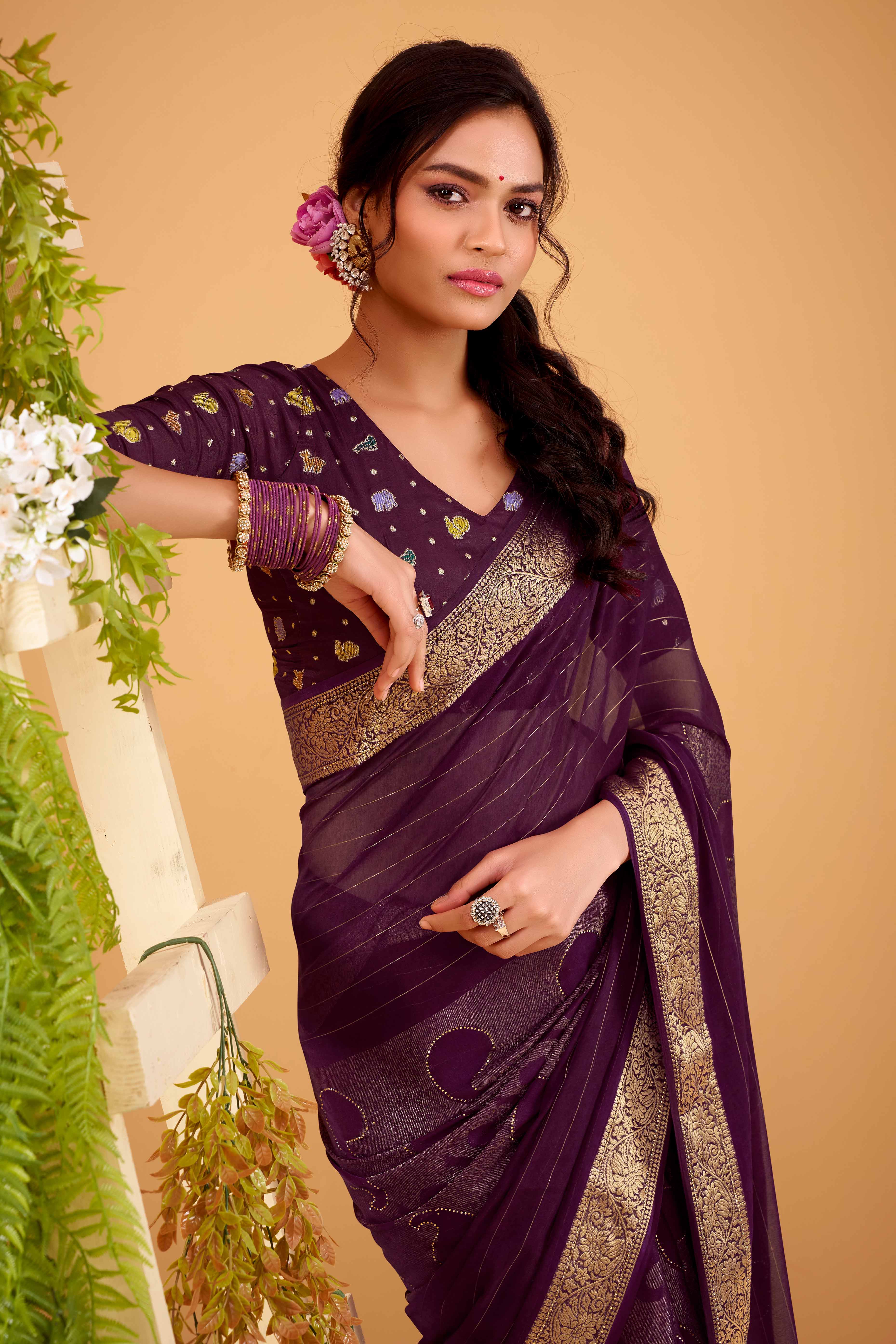 Wine Jacquard Saree Featuring Swarovski Embellishments With Rich Paisley & Floral Weave