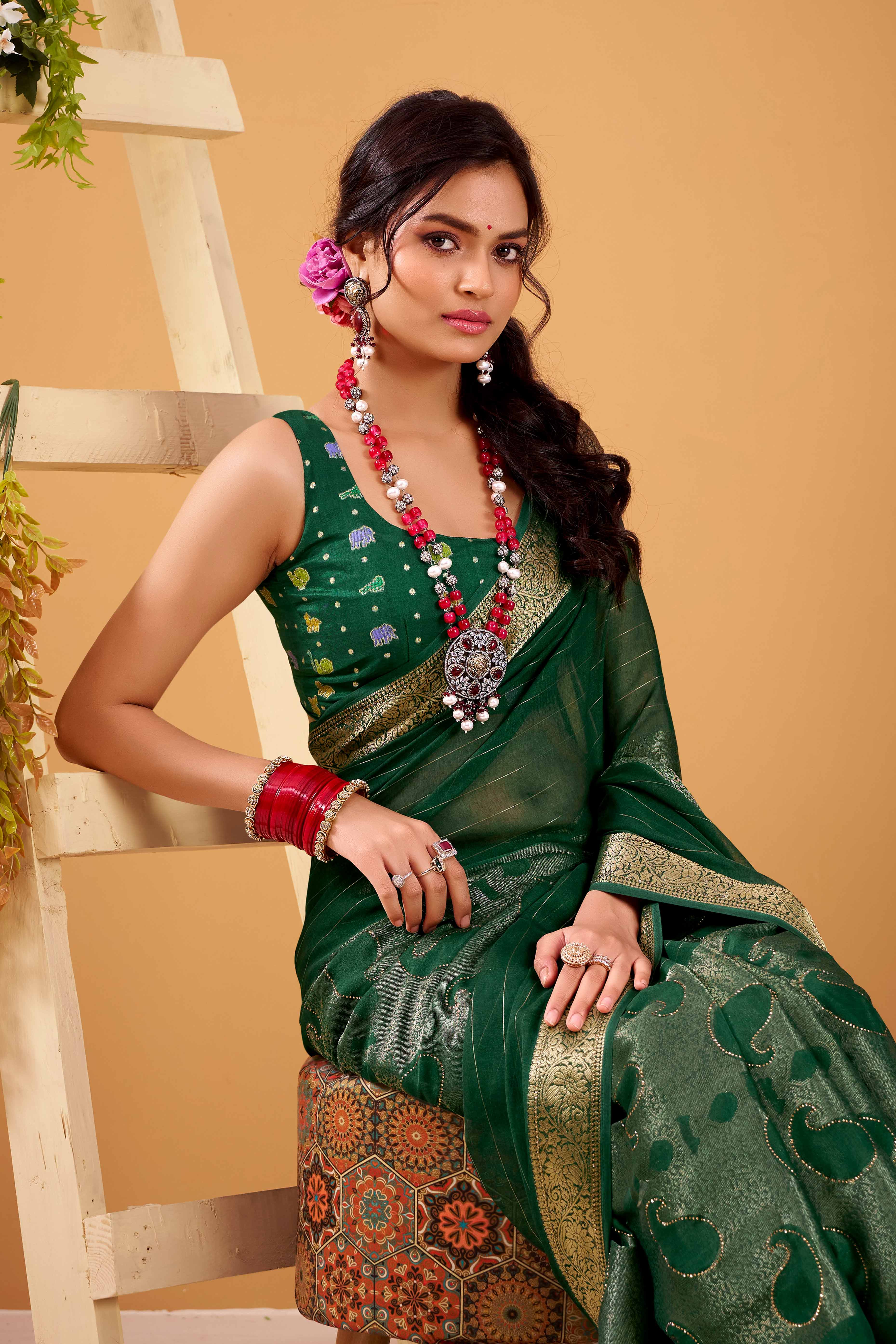 Green Jacquard Saree Featuring Swarovski Embellishments With Rich Paisley & Floral Weave