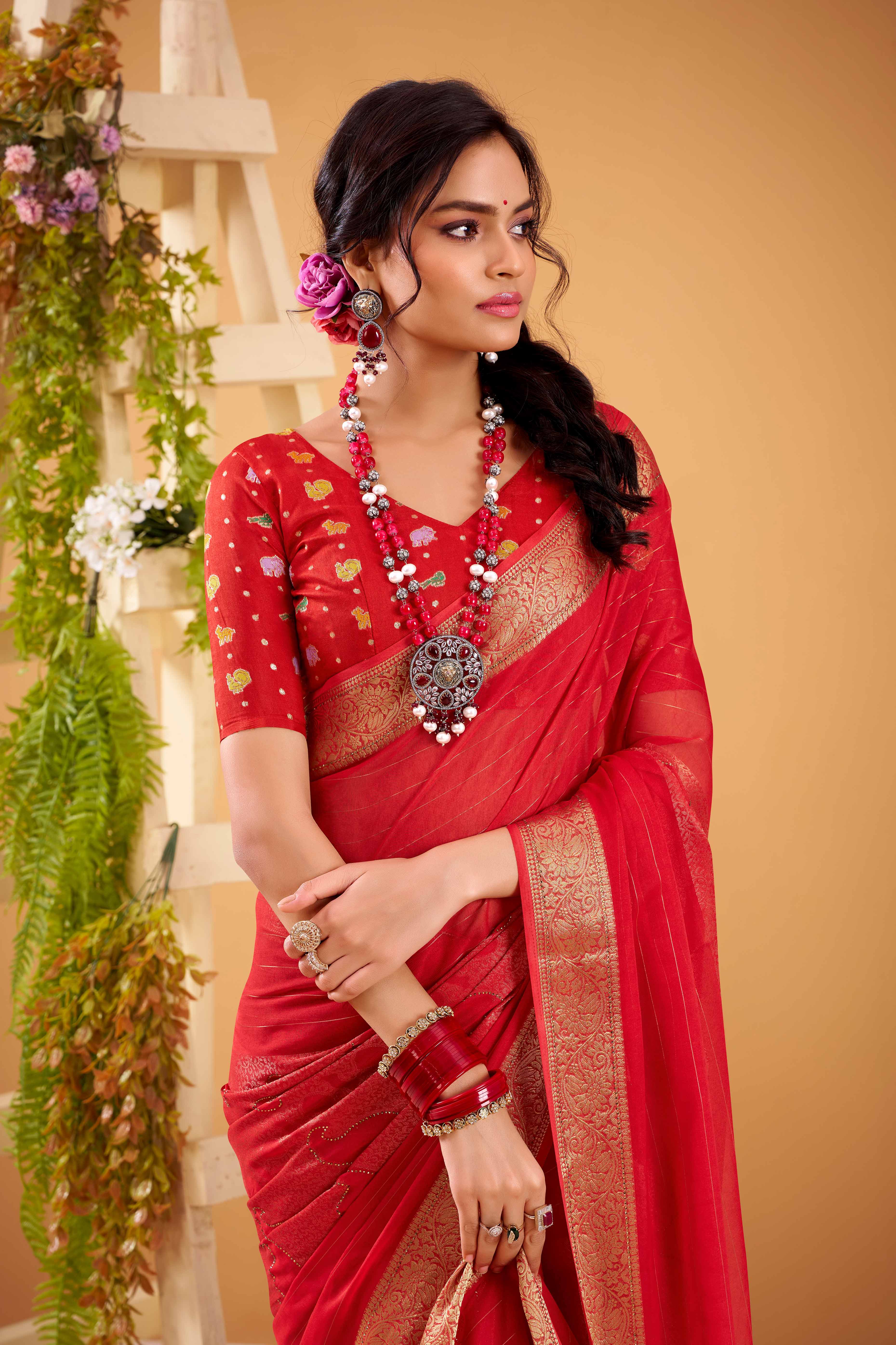 Red Jacquard Saree Featuring Swarovski Embellishments With Rich Paisley & Floral Weave