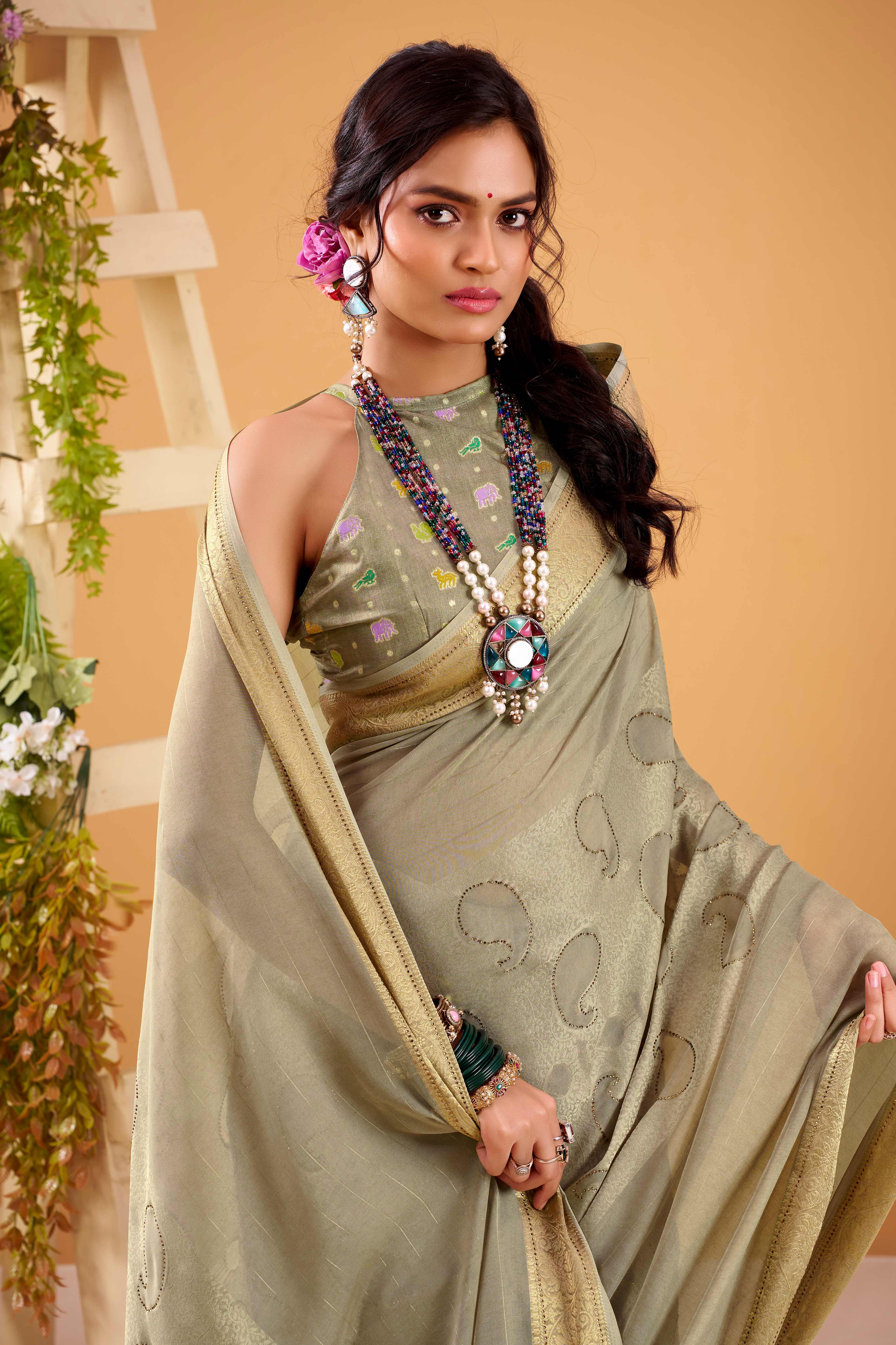 Grey Jacquard Saree Featuring Swarovski Embellishments With Rich Paisley & Floral Weave