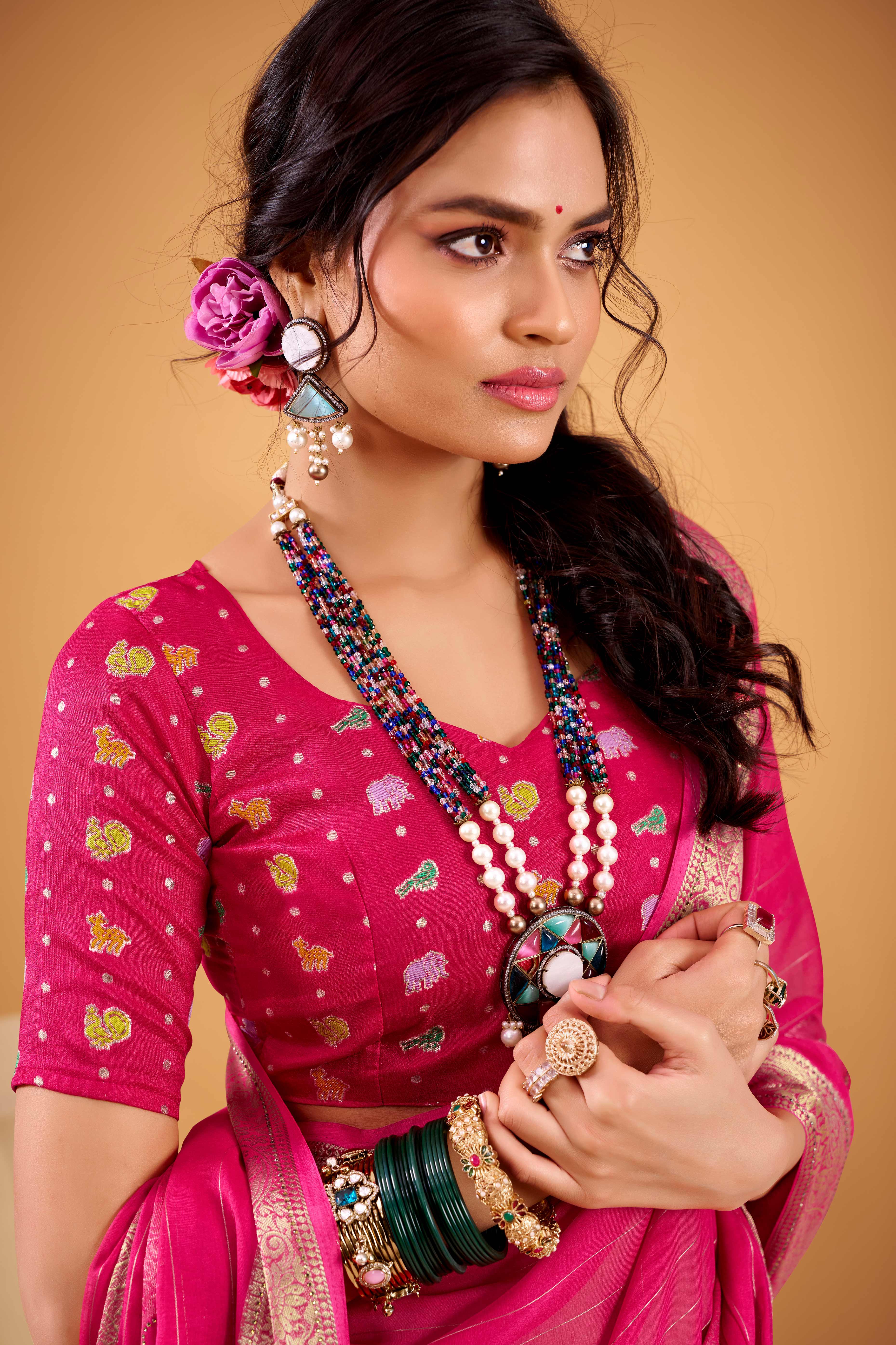 Rani Pink Jacquard Saree Featuring Swarovski Embellishments With Rich Paisley & Floral Weave