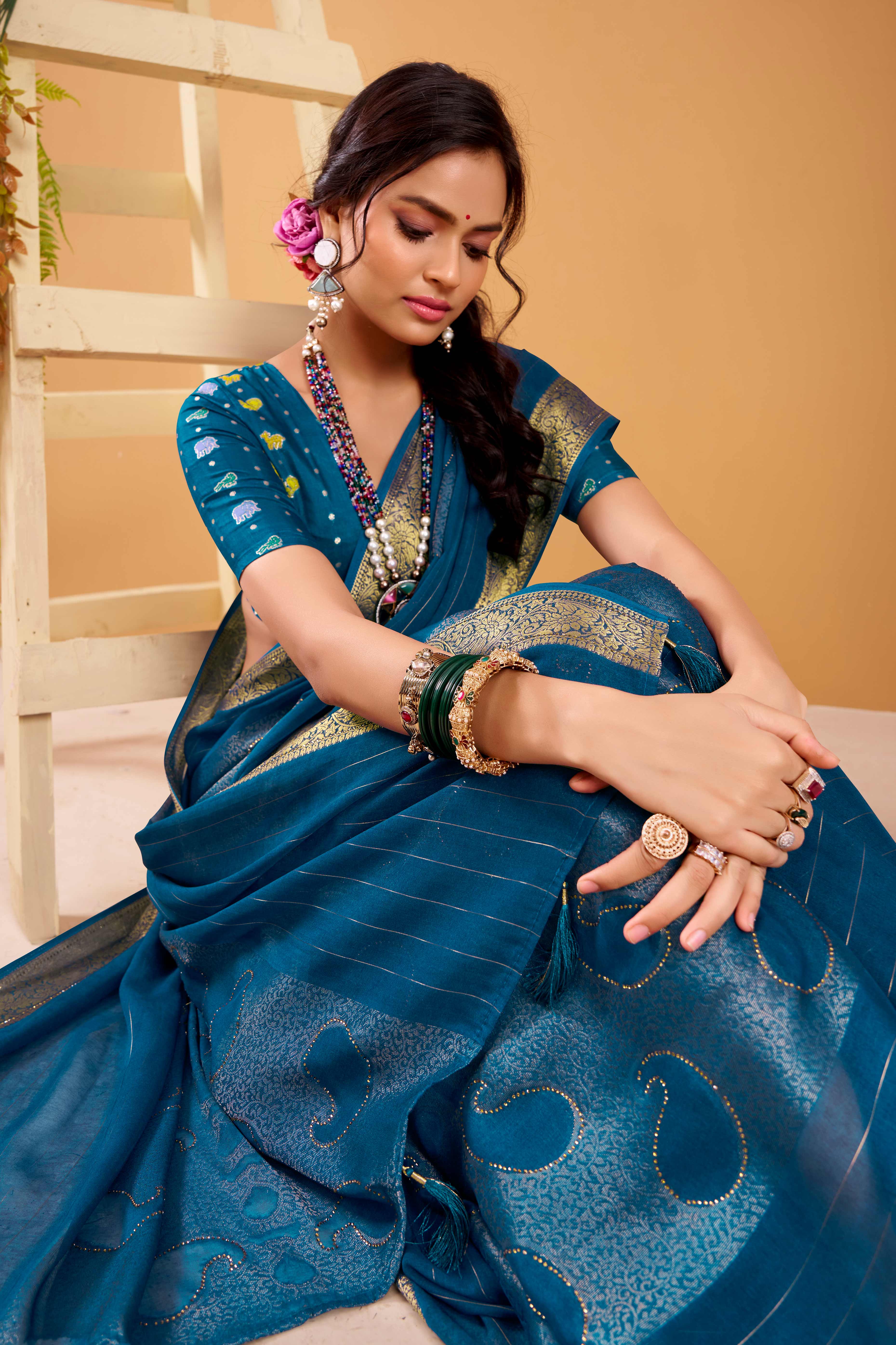 Blue Jacquard Saree Featuring Swarovski Embellishments With Rich Paisley & Floral Weave