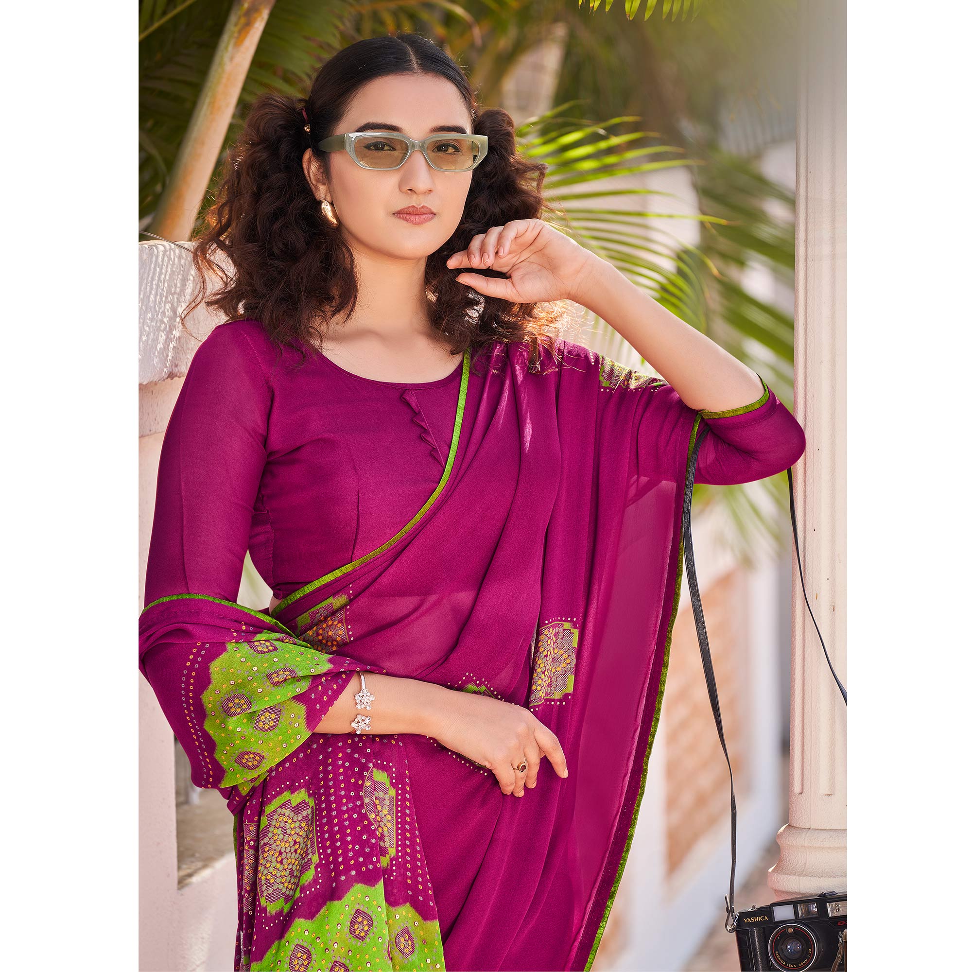 Purple Foil Printed Georgette Saree With Tassels