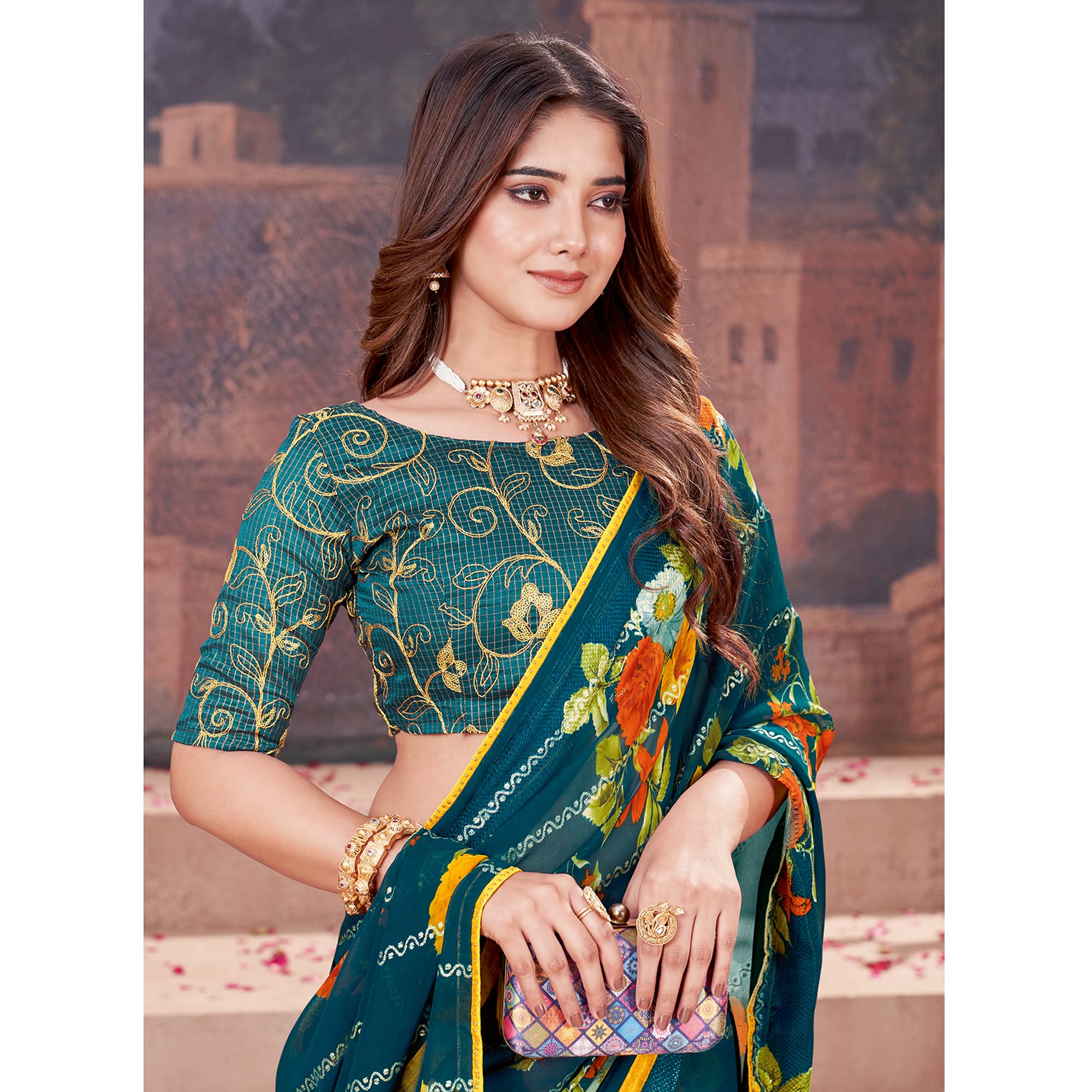 Teal Floral Foil Printed Georgette Saree