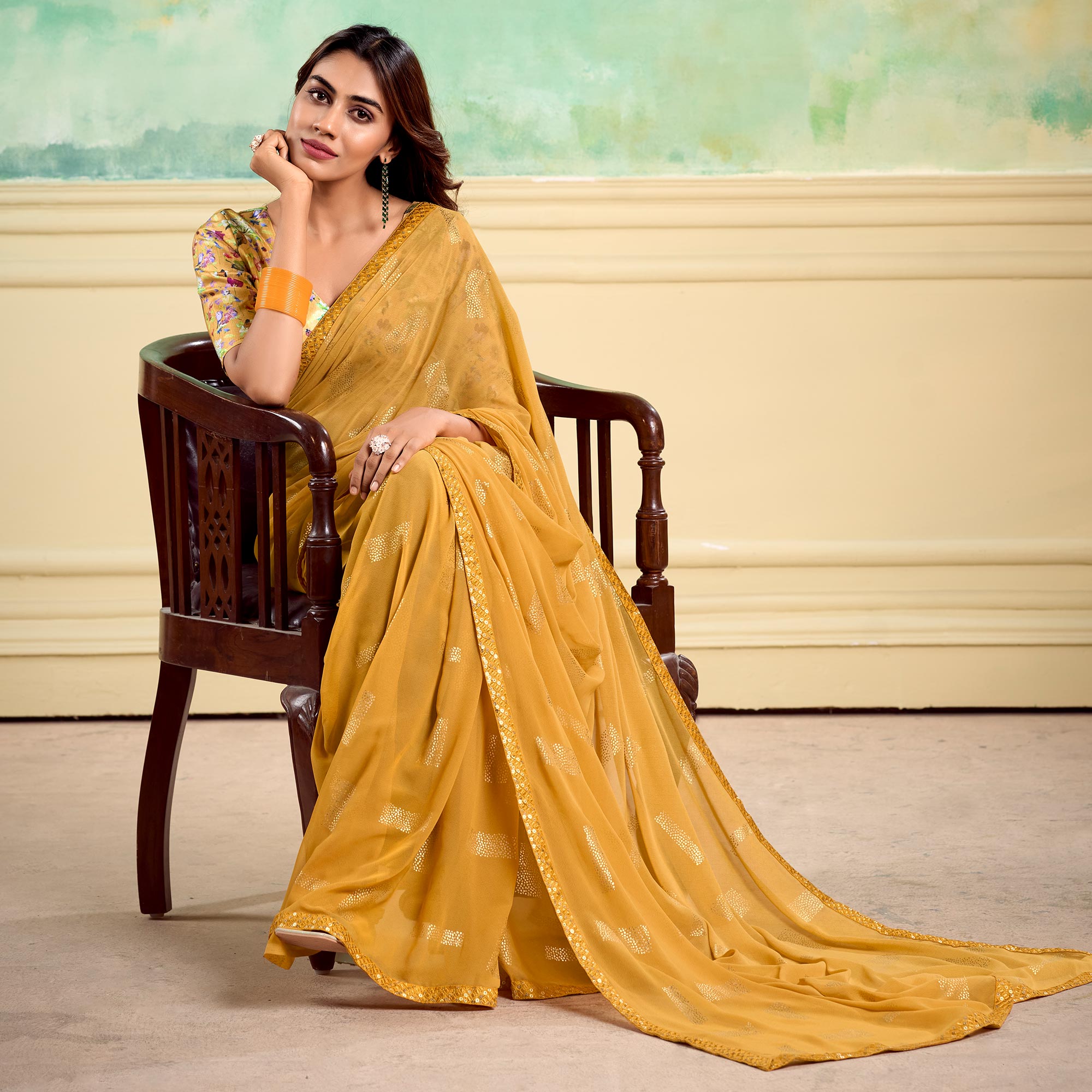 Mustard Foil Printed With Sequins Georgette Saree