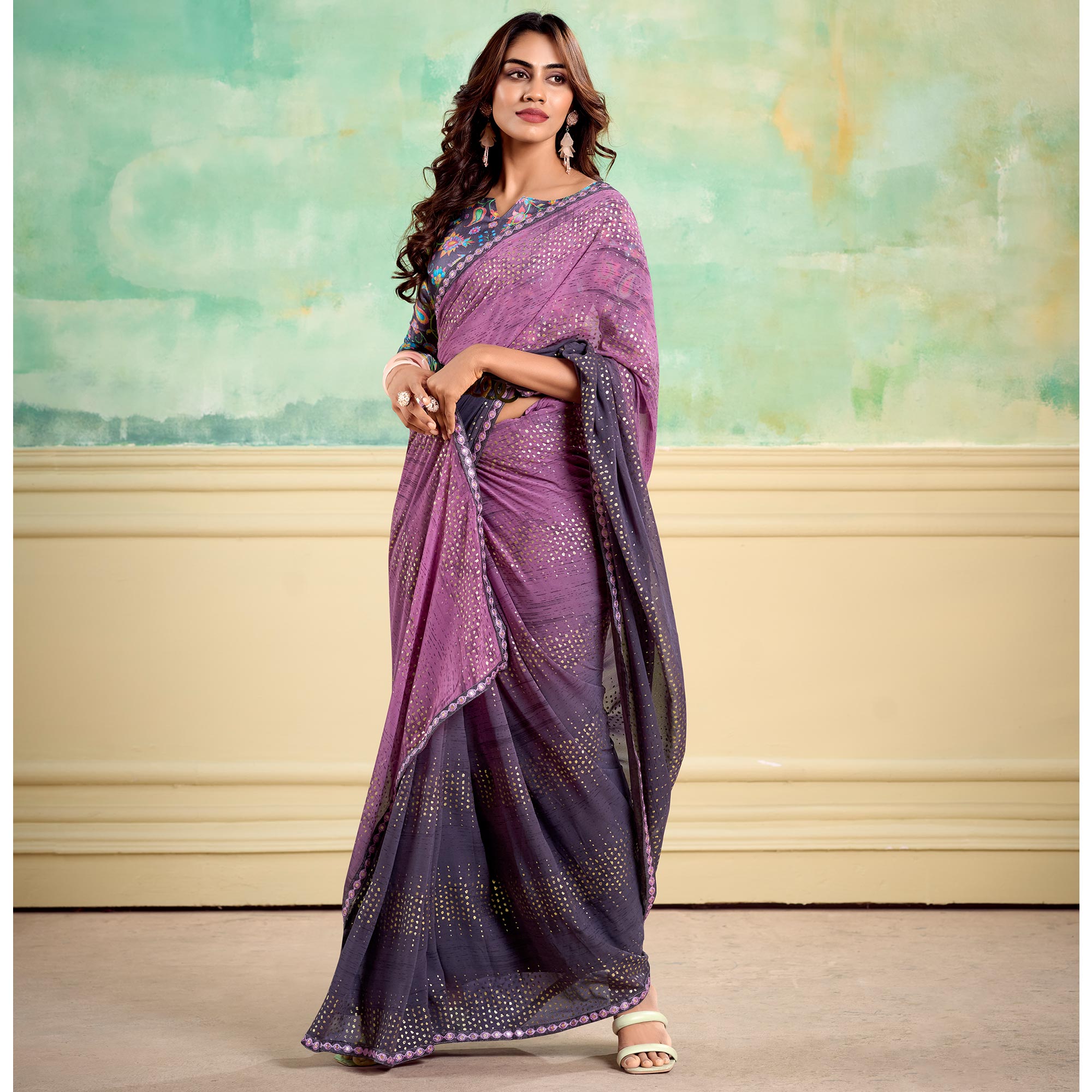 Purple Foil Printed With Sequin Georgette Saree